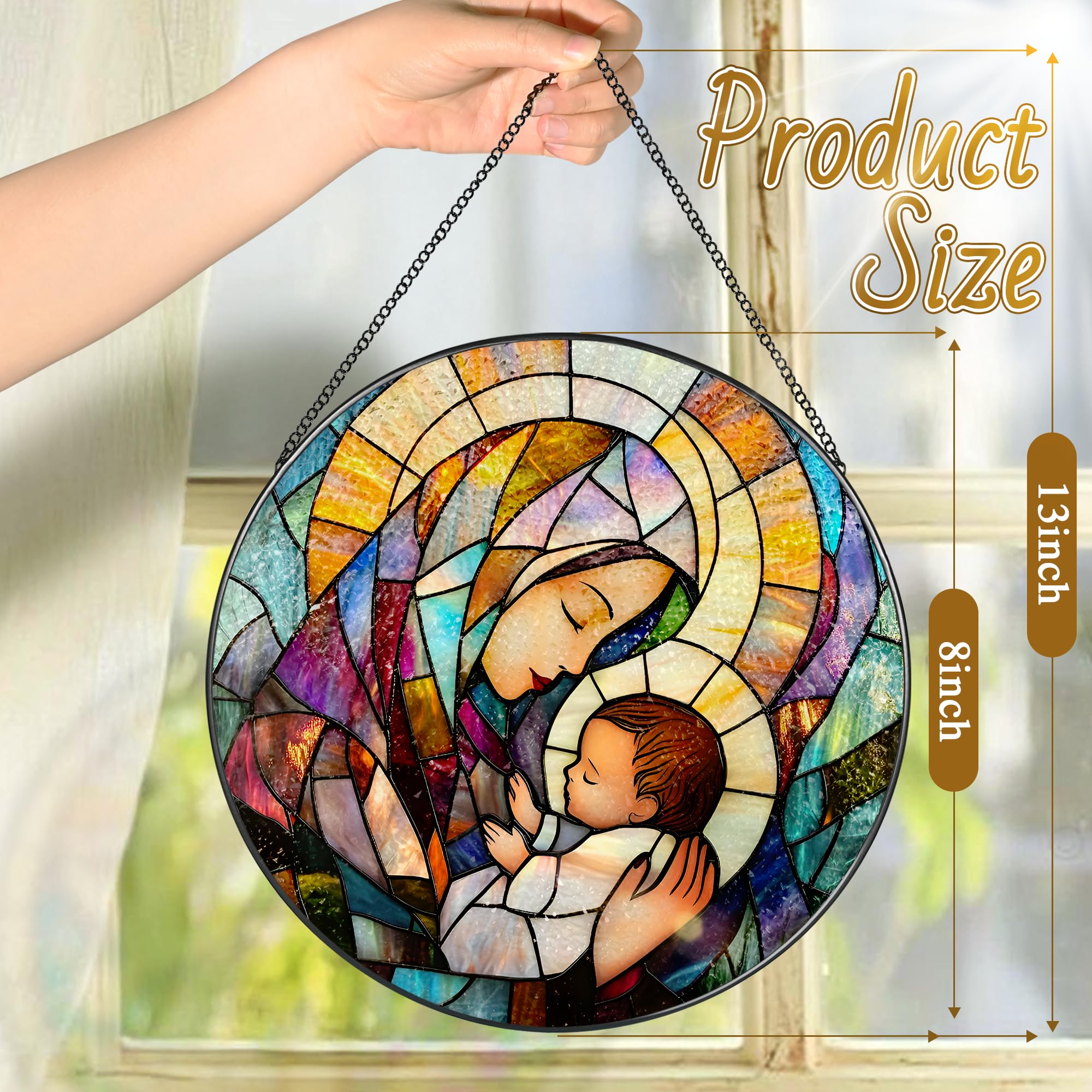 Baby Jesus and The Holy Mother Mary Sun Catcher, 8 Inch Stained Glass Window Hanging, Stained Glass Decor, Christian Home Decor, Christian Gifts for Women, Religious Gifts for Women