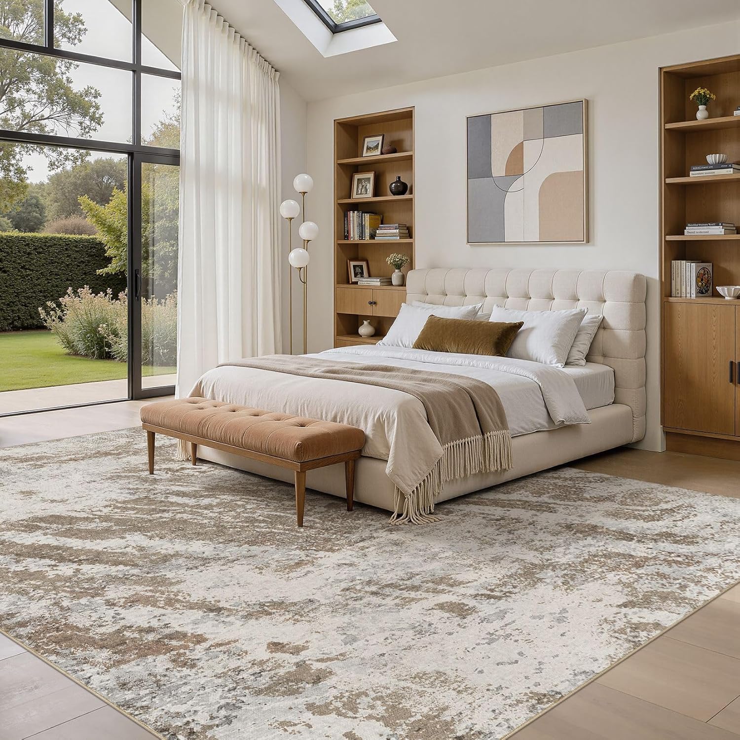 8x10 Washable Area Rug: Abstract Modern Non-Slip Carpet, Soft Low Pile Indoor Neutral Easy Clean Floor Rugs for Living Room Bedroom Dining Room Kids & Pets - Brown