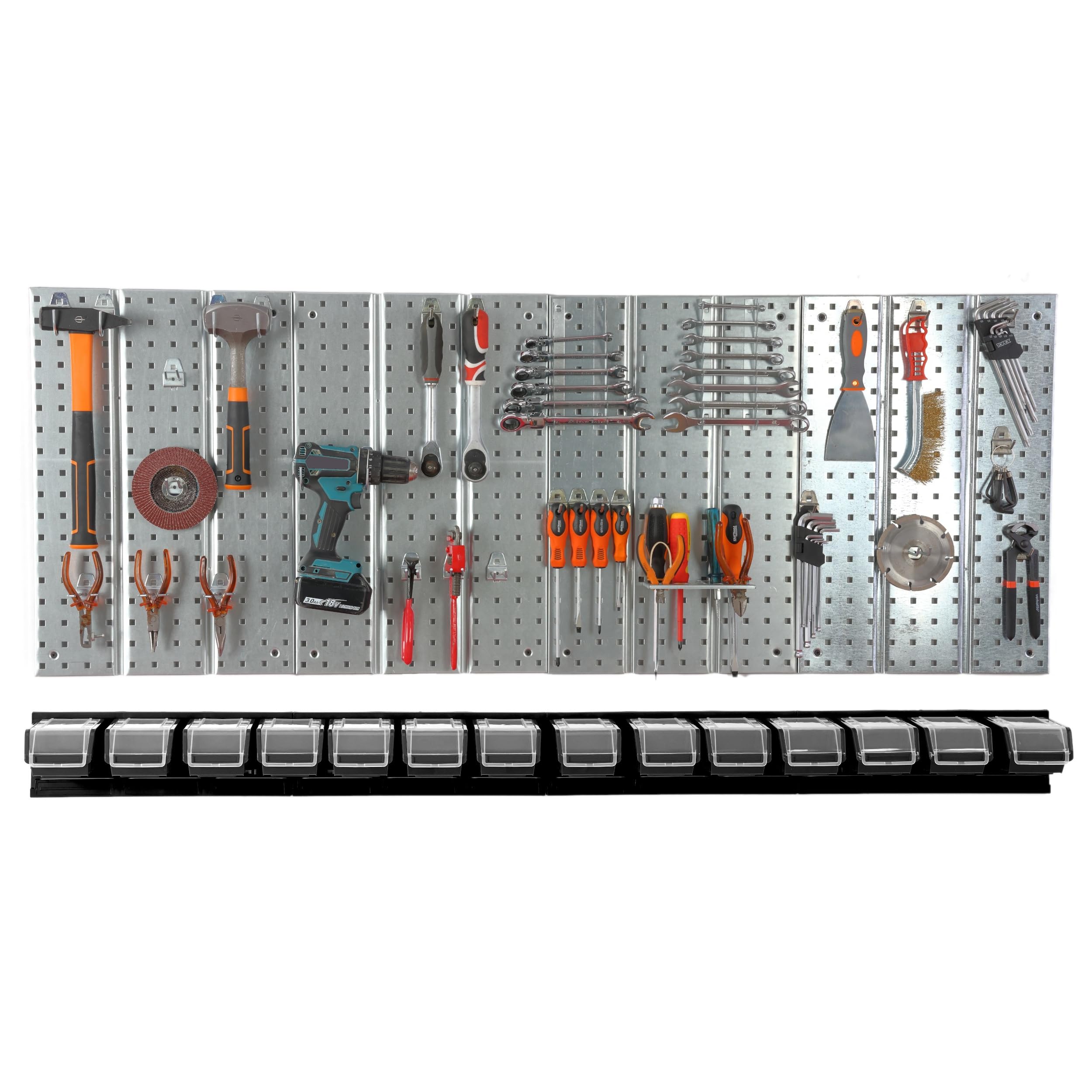 Panel de herramientas de metal 156 x 72 cm, sistema de almacenamiento con portaherramientas, ganchos para herramientas y 14 cajas apilables, 100 x 150 x 70 mm, color: negro, tablero perforado, taller,