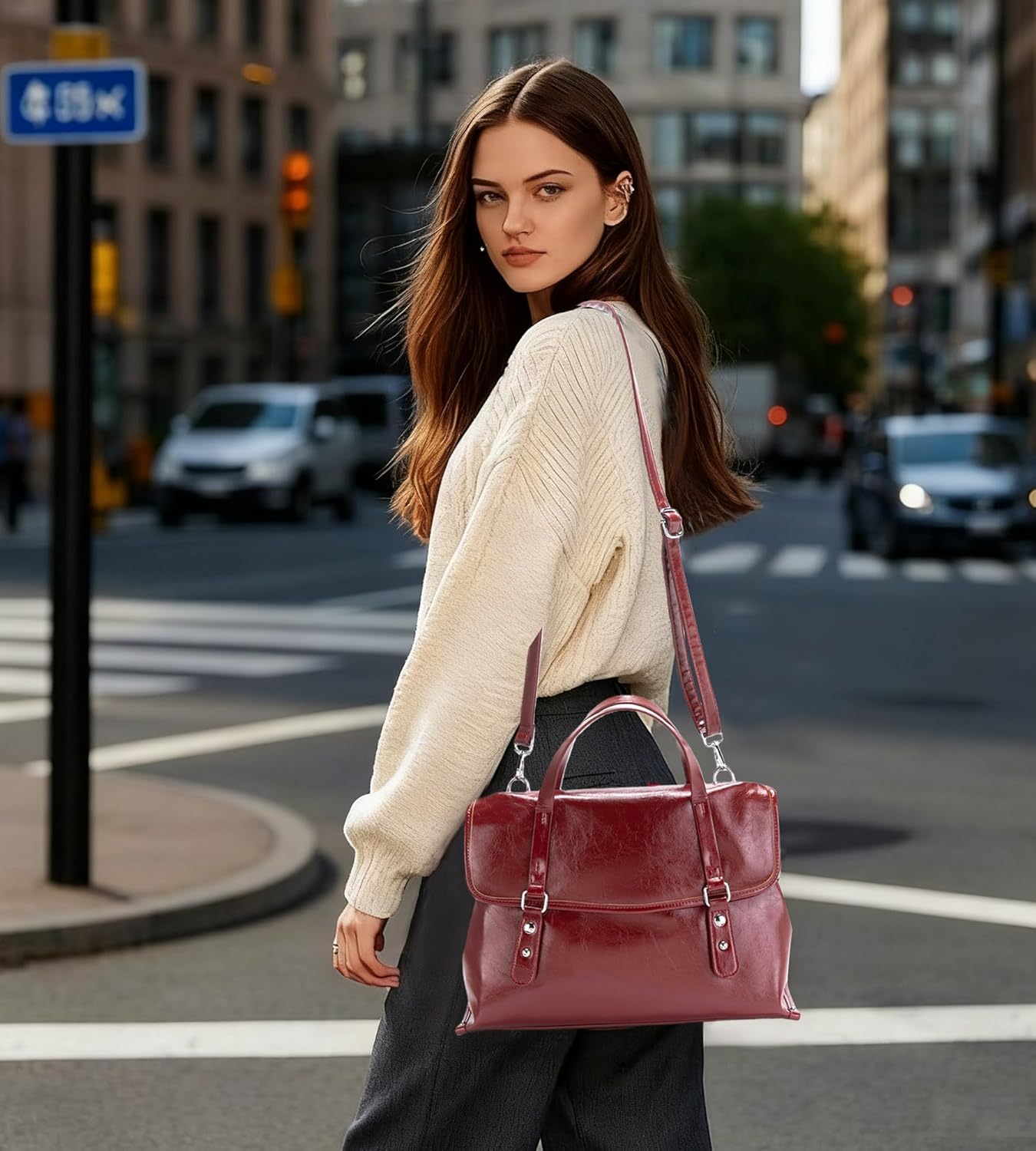 myfriday Women's Tote Bag, PU Leather Work Handbag for Business, Large Vintage Satchel Shoulder Purse for Office & Travel
