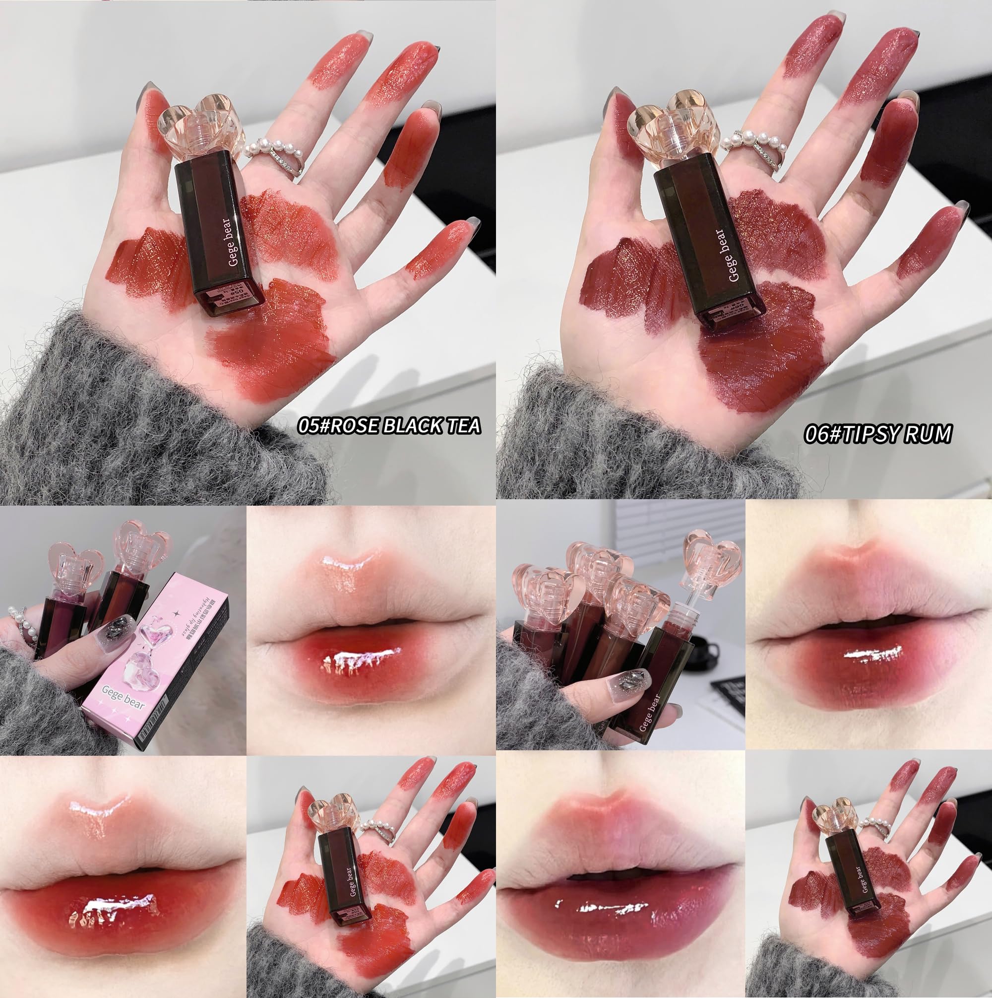 Gege Bear Sweetheart Lip Glaze | 6 Glossy Lip Colors with Heart-Shaped Cap | Korean Style Translucent Lip Gloss for Women | Lightweight Lip Tint with Moisturizing Formula | Lipstick Combo for Girls | Non-Sticky Glossy Finish (02#RED GRAPEFRUIT TEA (Red Grapefruit), 3g) 3