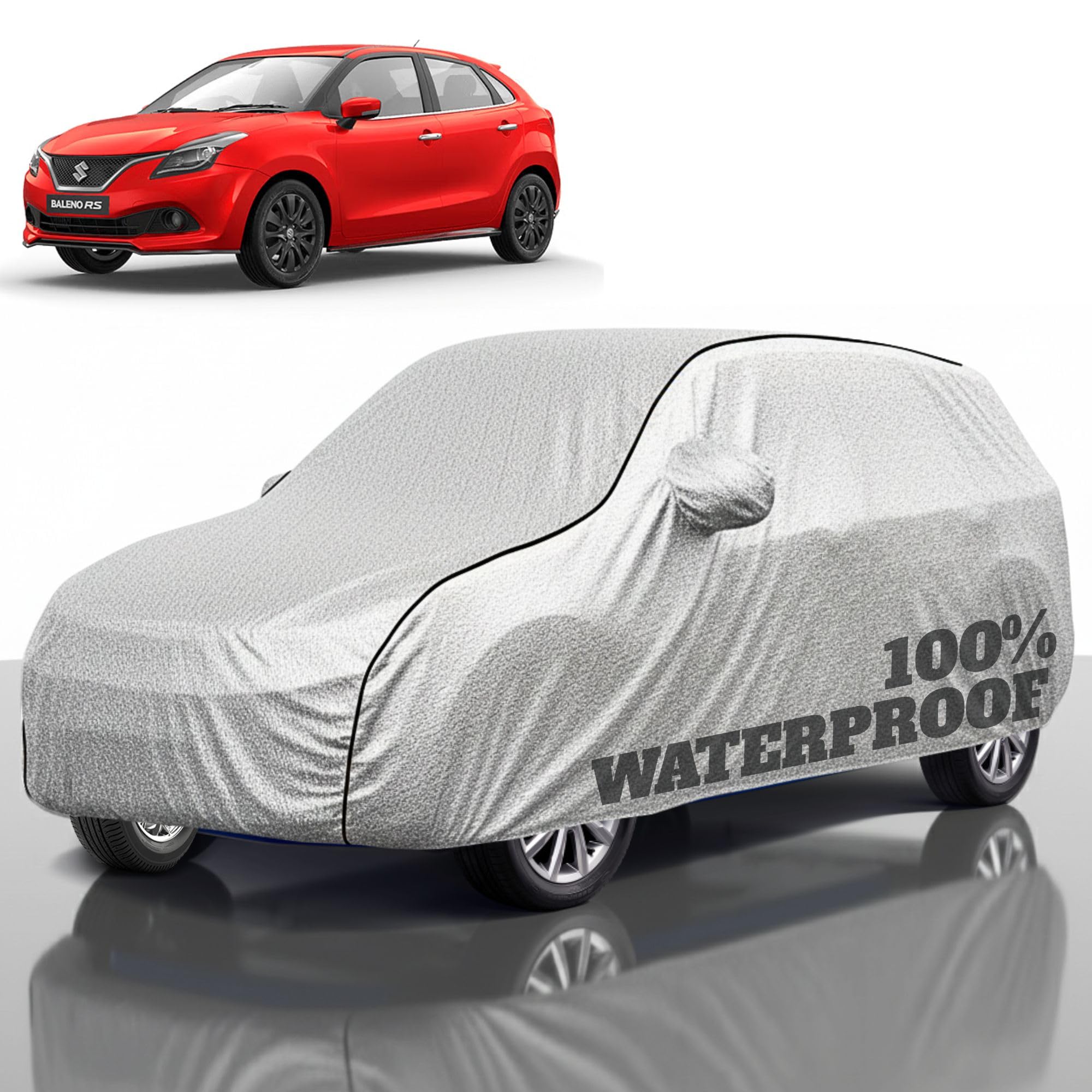Premium Polyester Car Cover Baleno All-Weather Protection from Rain, Dust &amp; Sun | UV Resistant Fabric | Full Body Secure Fit for Outdoor &amp; Indoor Parking Silver