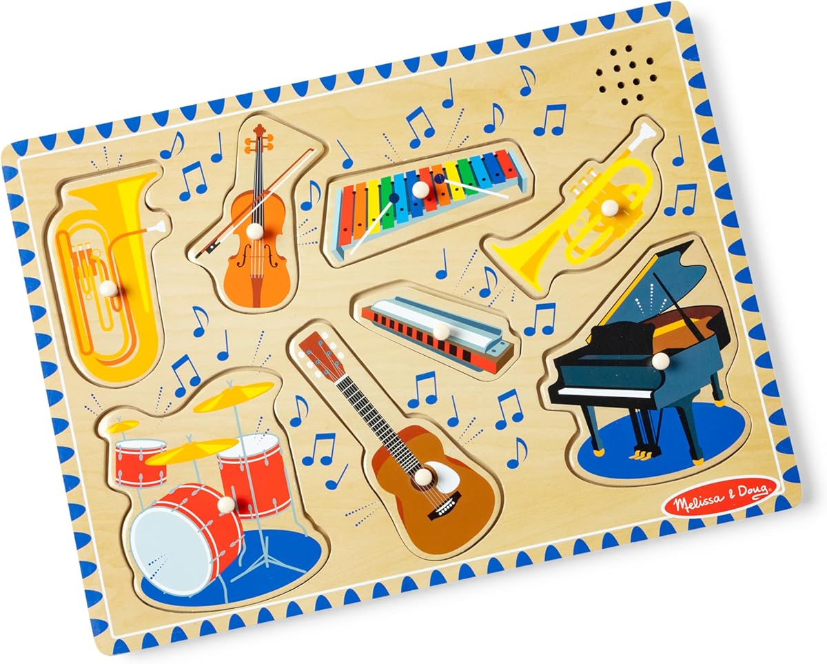Musical Instruments Sound Puzzle - Wooden Peg Puzzle with Light-Activated Sound Effects (8 pcs) Wooden Peg Baby Music Learning Toys, for Toddlers and Preschoolers Ages 2+