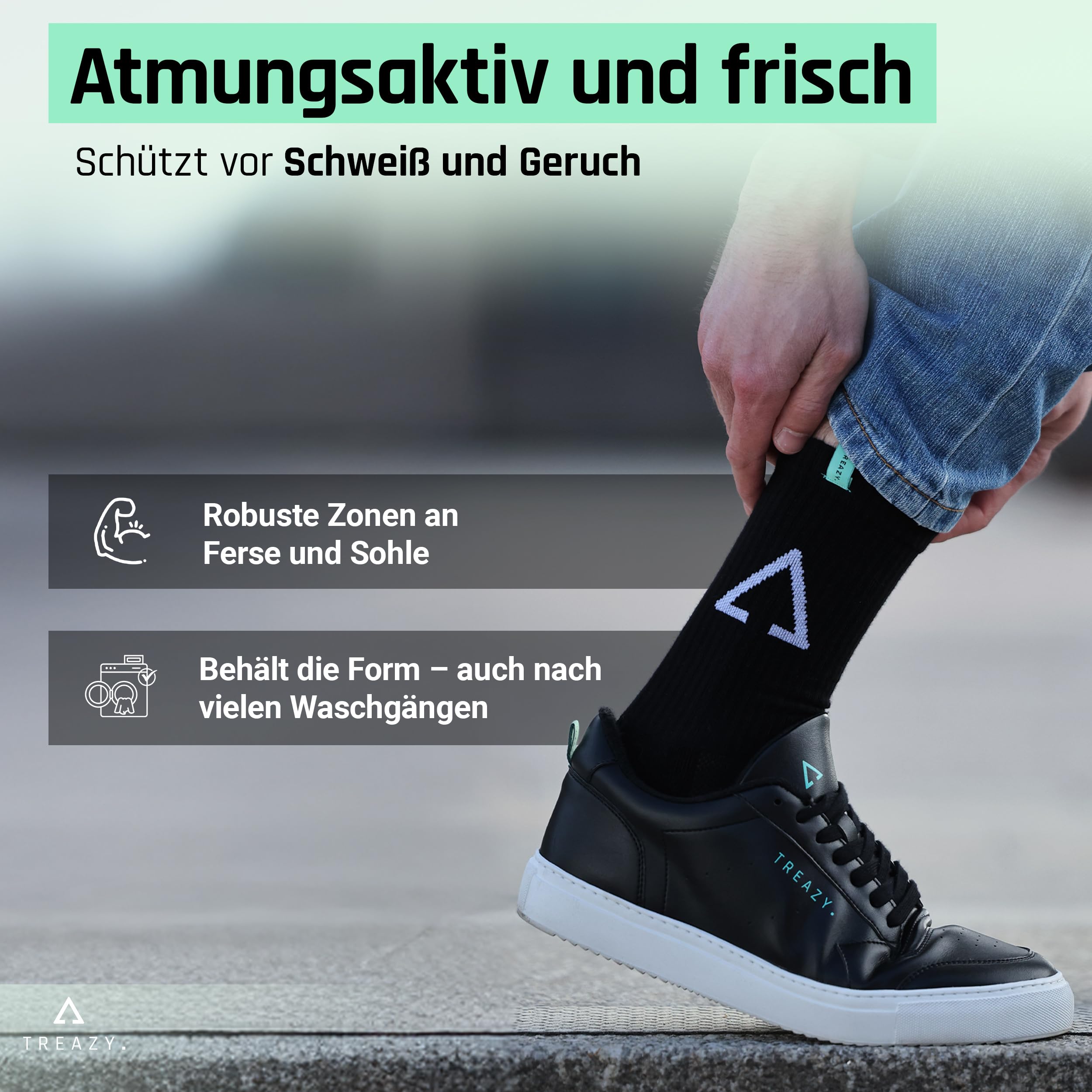 TREAZY Tennissocken Crew Socks aus Bio-Baumwolle – Schweiß und blasenfrei dank extra Lüftungskanälen sowie anatomischer Passform – besonders langlebig