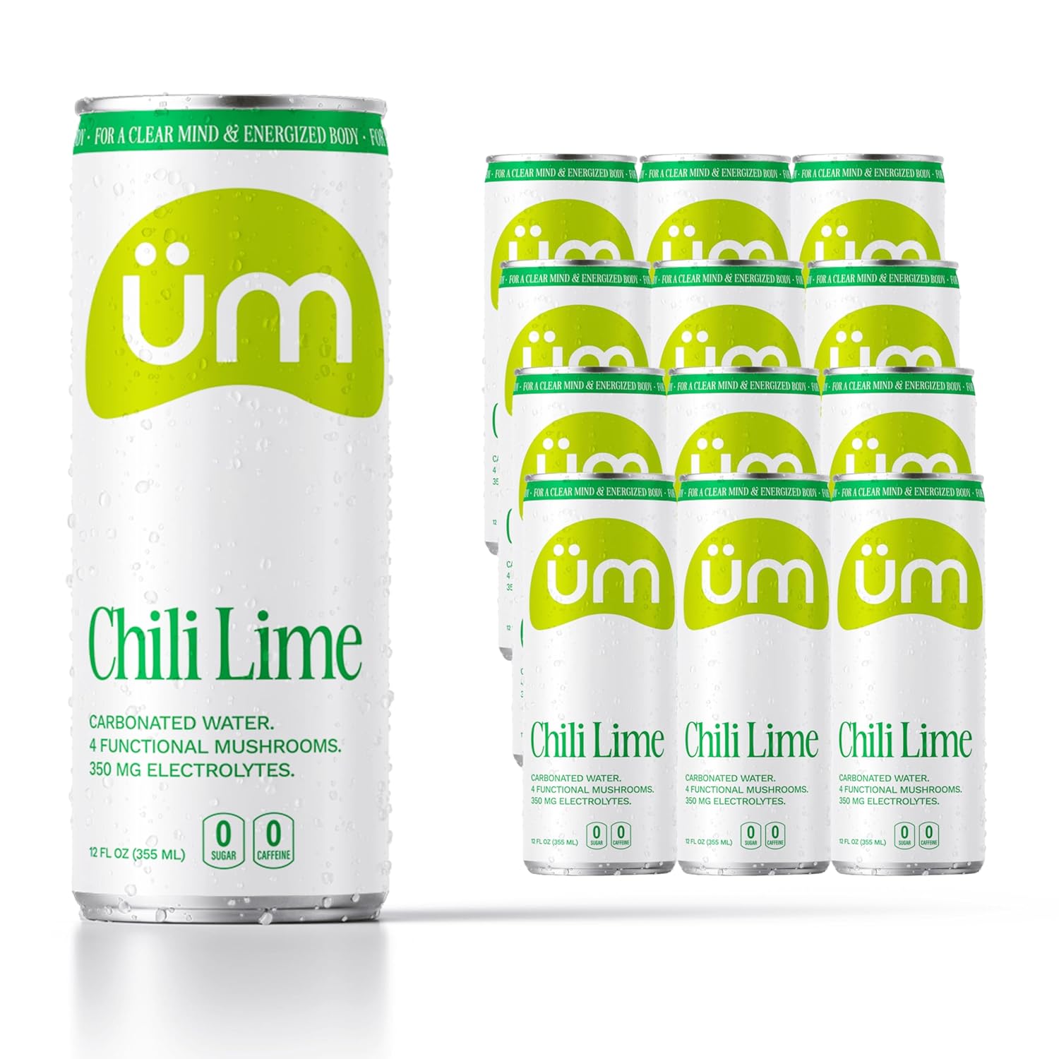 üm Functional Sparkling Water with Lions Mane, Cordyceps, Reishi, Chaga, & Electrolytes - Mental Clarity, Energy, Immunity, Stress Relief, Hydration - Zero Sugar, Zero Caffeine, 12fl oz, Pack of 12, Chili Lime