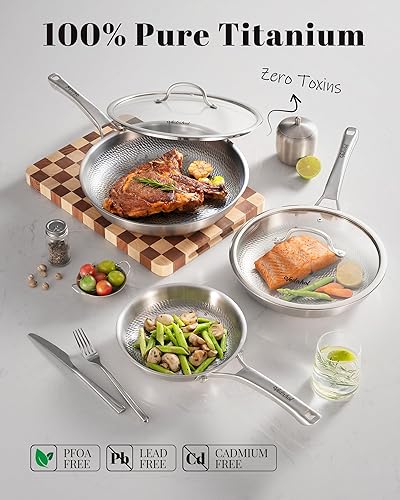 Miniatura 2 de Sartén de titanio, 12 pulgadas de titanio puro martillado Pro con tapa, sartén antiadherente para cocinar, no tóxico, sin PFASPFOAPTFE, apto para