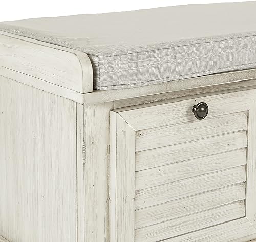 Miniatura 7 de OSP Home Furnishings Dover Coastal - Banco de almacenamiento elevador con diseño de cara de obturador, acabado blanco lavado con cojín de tela