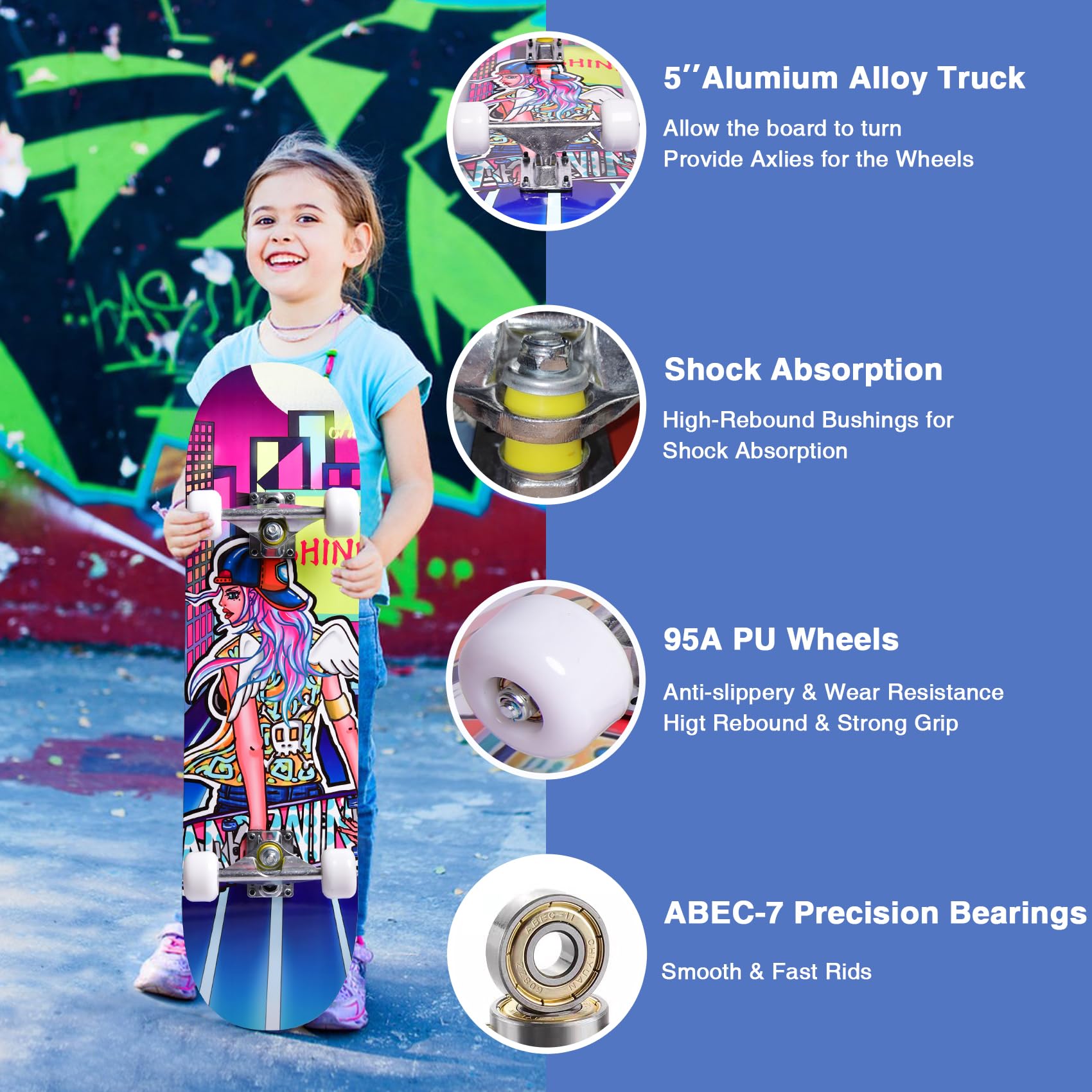 Patinetas para Principiantes, niños, niñas y Adultos, 31 x 8 Pulgadas, Arce de 7 Capas, cóncavo de Doble Patada, Fascinante, sólido y Duradero