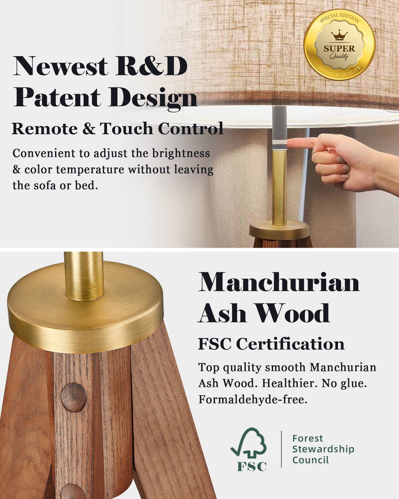 ELYONA Tripod Floor Lamp with Remote for Bedroom, Solid Ash Wood, Stepless Dimmer & Color Temperature LED Bulb Included, Mid Century Modern Touch Control Standing Light for Living Room, Office, Brown