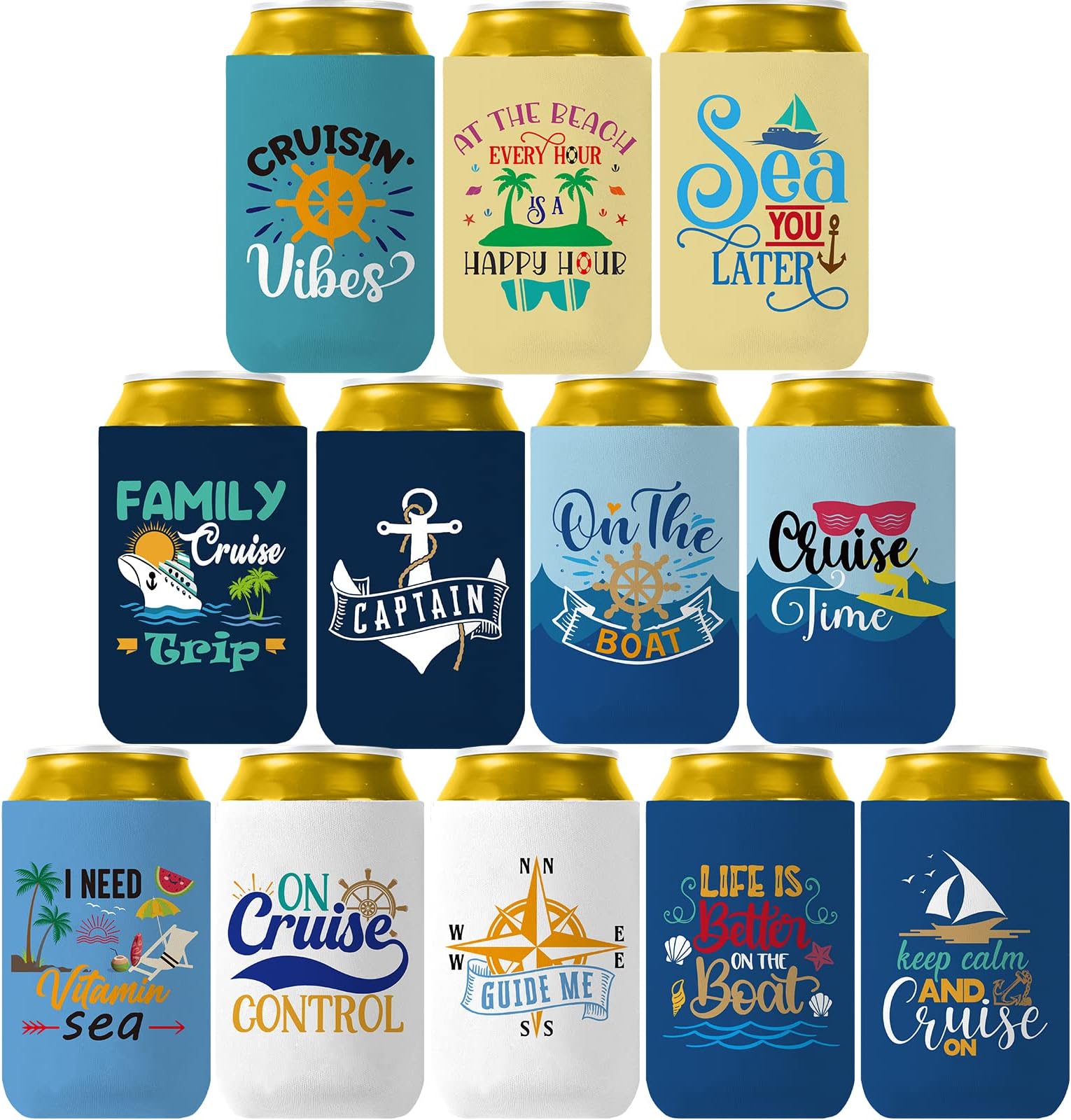 Cruise Beer Can Cooler - Funny Boating Gifts, 12 Packs Neoprene Can Sleeves for Beer, Perfect Can Cooler Sleeves for Nautical Themed Party, Summer Party Decor