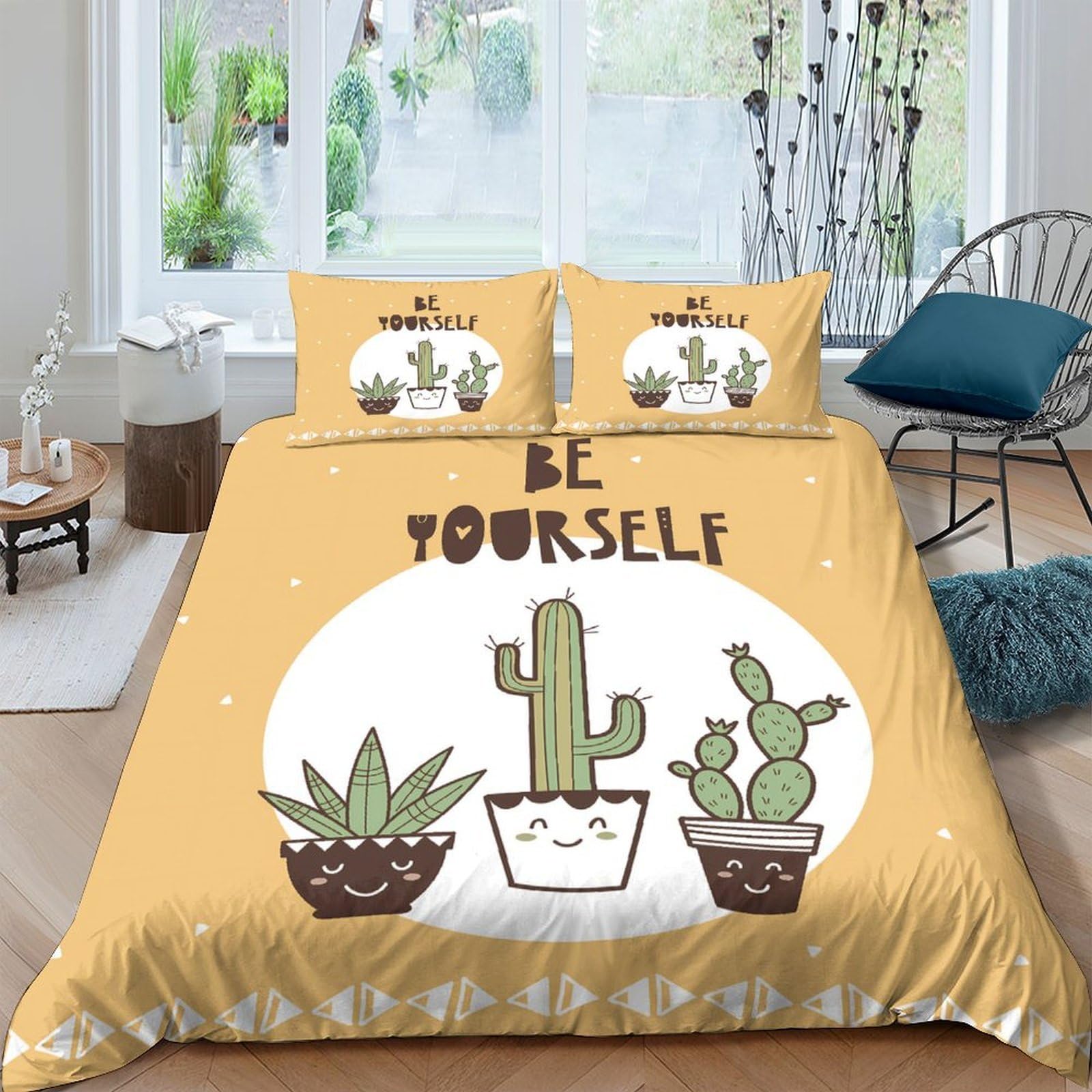 GPLZQXKJNH 3D Printed Cactus Succulent Duvet Cover Set Microfiber Yellow Bedding with 2 Pillowcases, Breathable for Bedroom Decor Single（135x200cm）