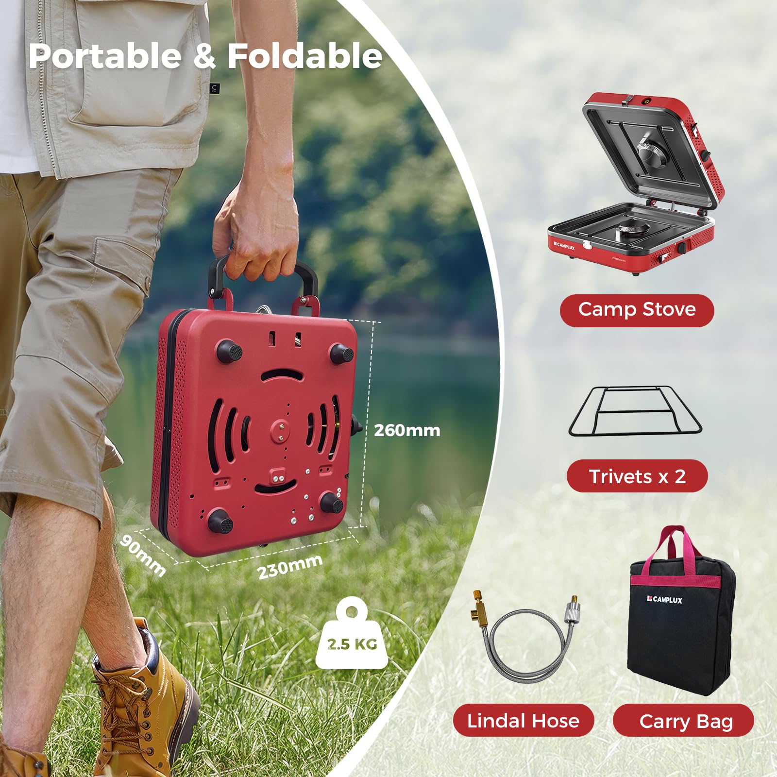 CAMPLUX FoldGo Campingkocher mit 2 Brennern, Tragbarer Gaskocher, Kompatibel mit Standard-Gaskartuschen, 28-30 mbar, Ideal für Camping, Wandern und Picknicks