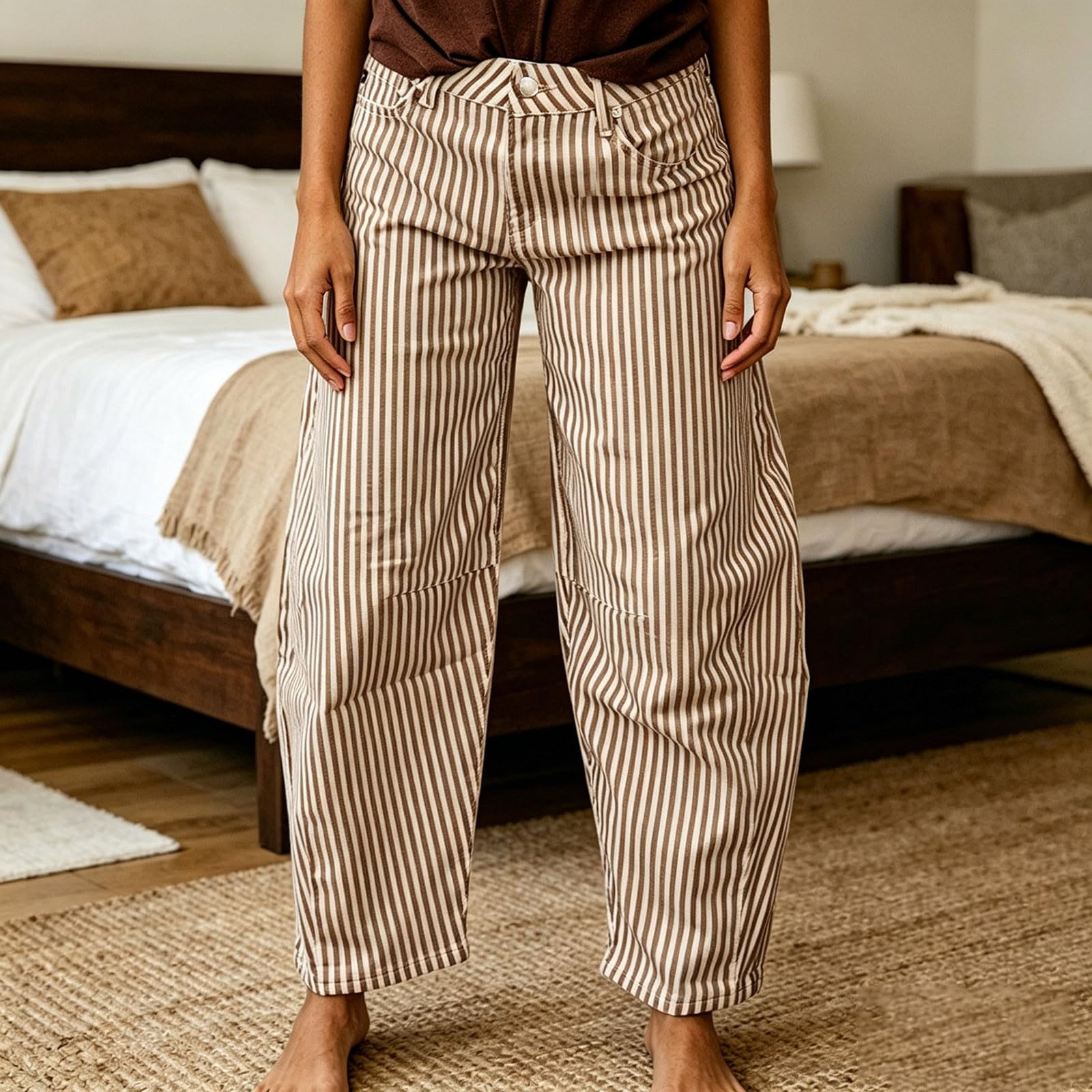 Gestreifte Jeans mit hohem Bund und weitem Bein, lässige, lockere Passform, fließender Palazzo-Stil, Sommermode