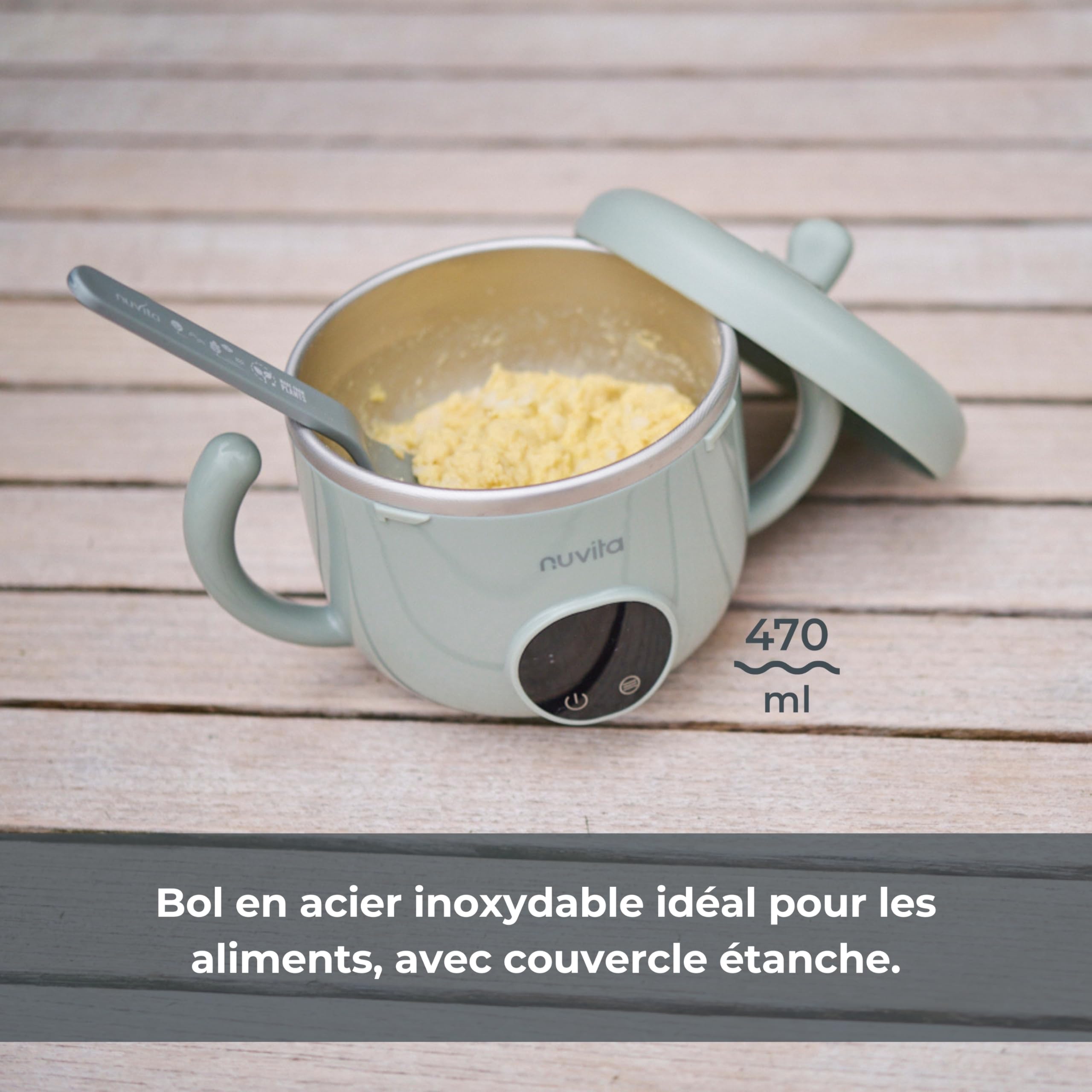 Nuvita 1980 Pappa'n'Go Chauffe-nourriture Portable pour Bébé – Rechargeable, Étanche, avec Contrôle Intelligent de la Température, Intérieur en Acier Inoxydable, et Base Antidérapante