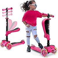 Vista 17 de Hurtle Patinete de 3 ruedas para niños, luces LED de ruedas, manubrio ajustable de inclinación para dirigir y asiento plegable, paseo sentado