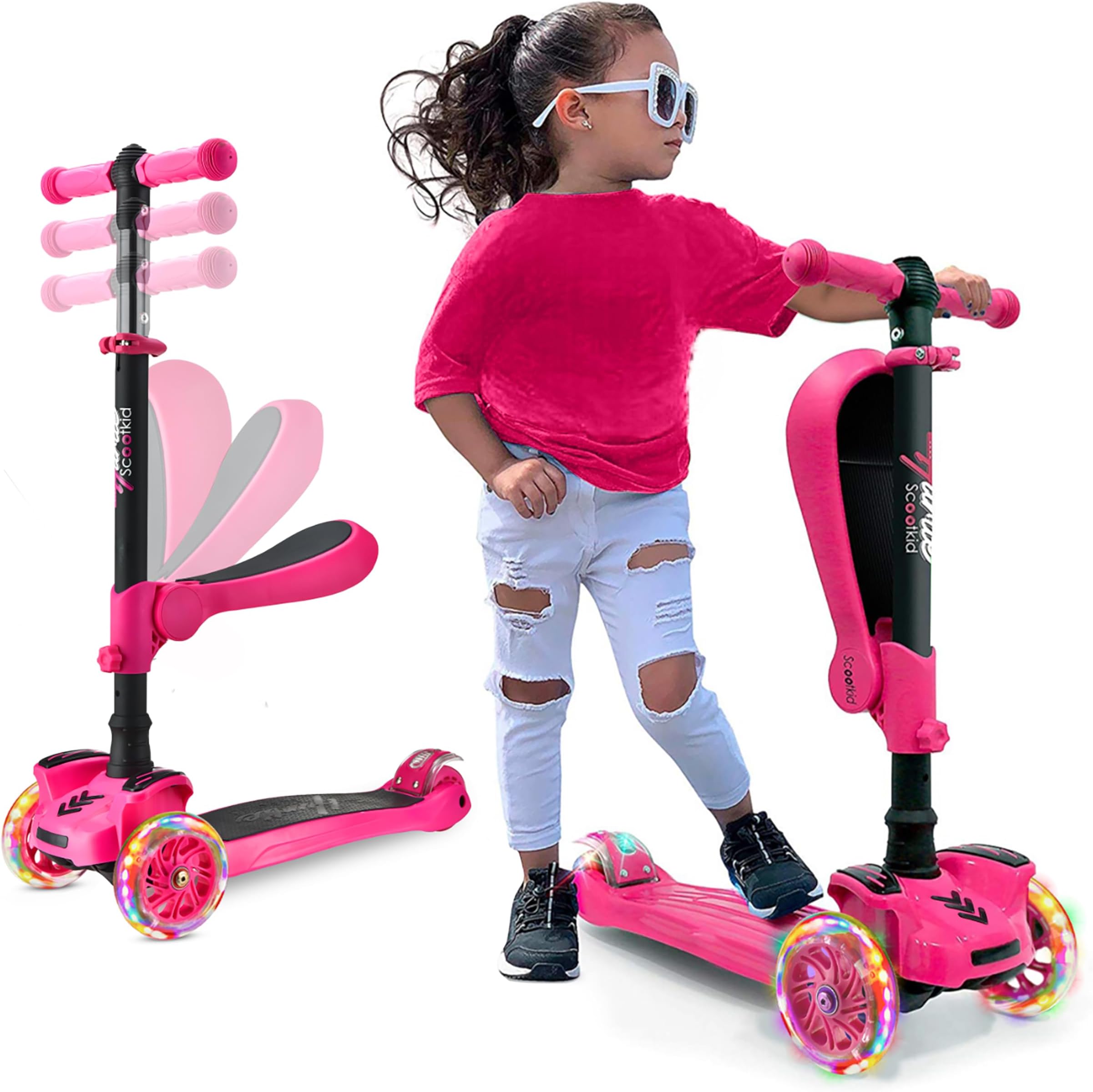 3-Wheeled Scooter for Kids - Wheel LED Lights, Adjustable Lean-to-Steer Handlebar, and Foldable Seat - Sit or Stand Ride with Brake for Boys and Girls Ages 1-14 Years Old