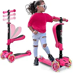 Patinete Infantil Hurtle 2 em 1 Rosa com Assento Retrátil e Luzes LED, Scooter de 3 Rodas Ajustável para Meninas 1-14 Anos, Estável e Seguro, HURFS66