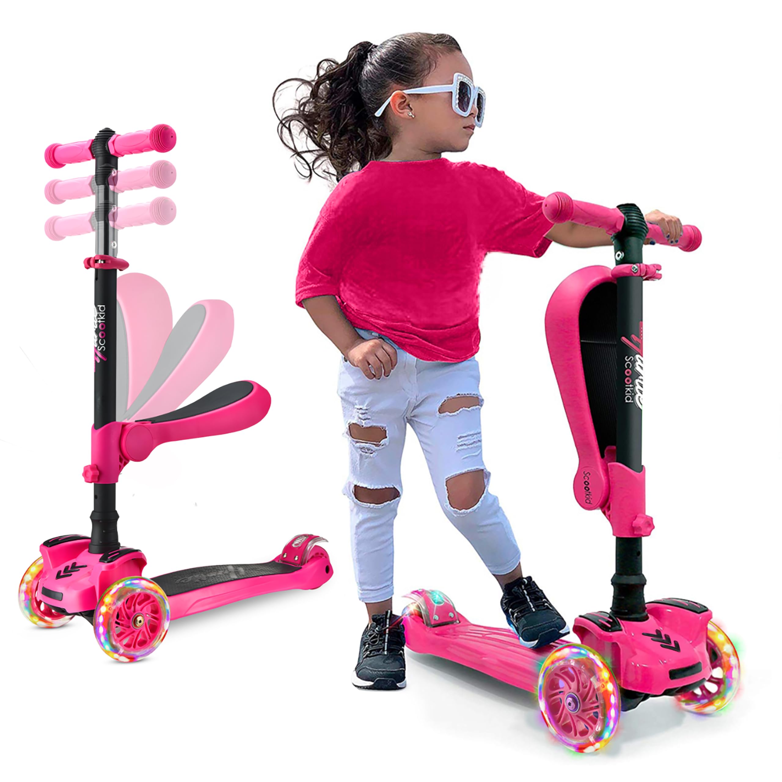 Hurtle3-Wheel Tri Scooter for Kids - Ages 2-12, Flip-able Seat, Foldable, Flashing Lights, Adjustable Height