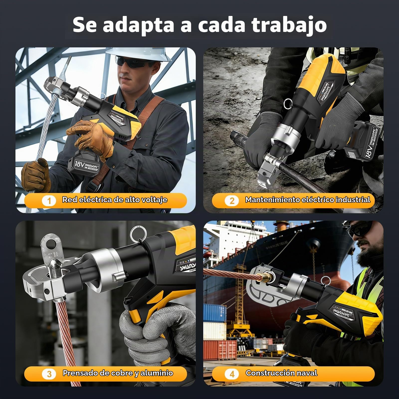 SWANSOFT Herramienta Hidráulica Eléctrica para Crimpar, 12 Ton 16mm²-400mm², Crimpadora Hidráulica Recargable para Terminales de Cobre/Aluminio, Kit de Herramienta para Crimpar Cable con 12 Molde
