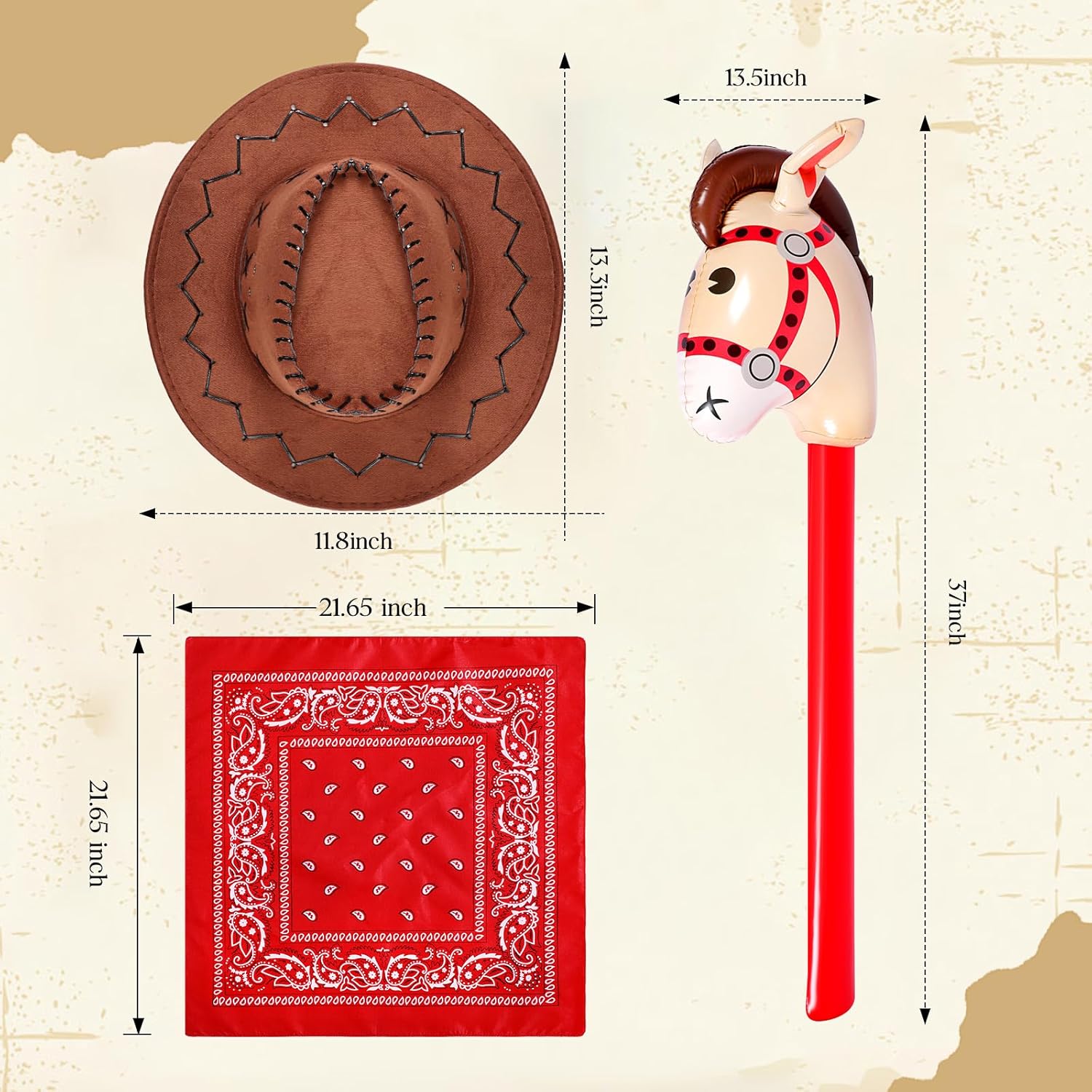 Leumoi 18 Pcs Kids Cowboy Hats with Bandana and Inflatable Stick Horse Set Include 6 Cowgirl Hat 6 Bandana 6 Stick Horse(Brown, Red)