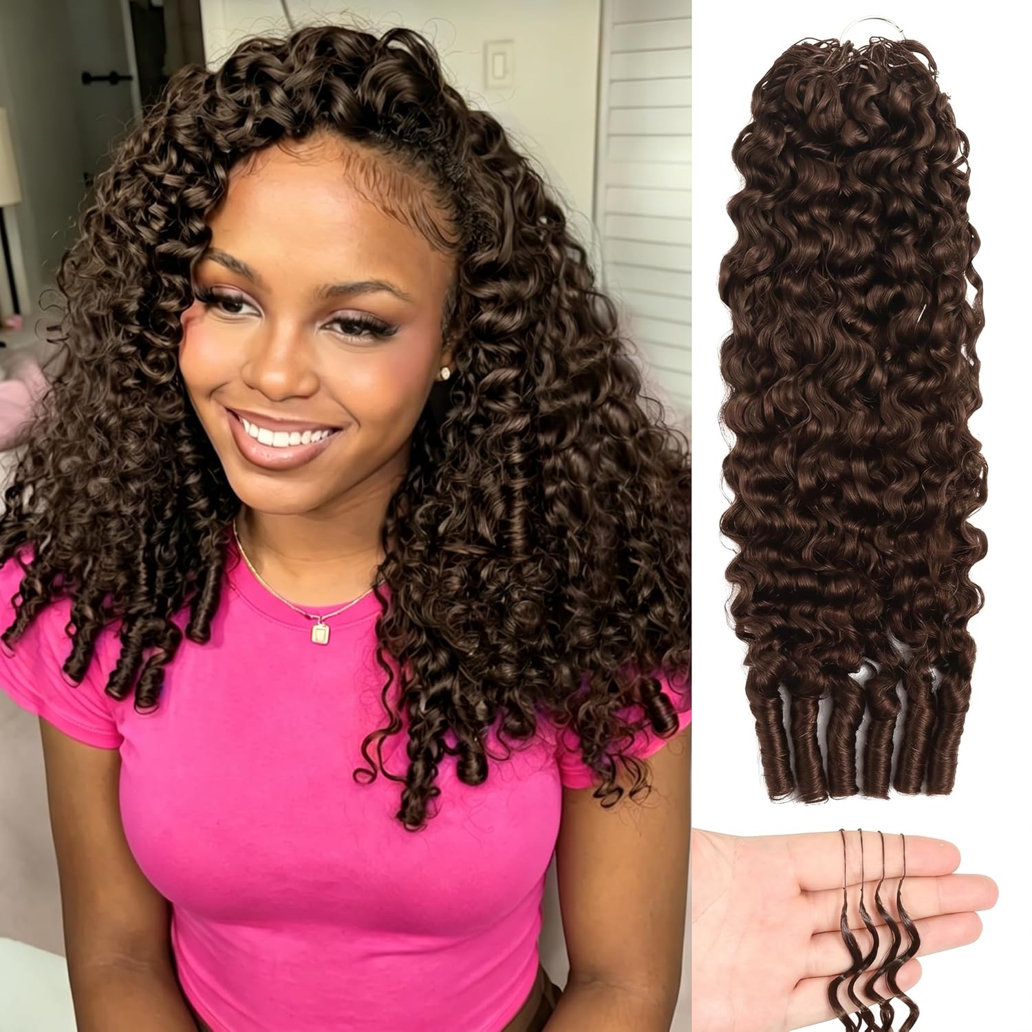 Human Crochet Hair for Black Women Burmese Curly Feather Crochet Human Hair Bundles Chocolate Brown Pre-Separated Invisible Miracle knots Crochet Human Hair Extensions Deep Curly (14" 4# 60g)