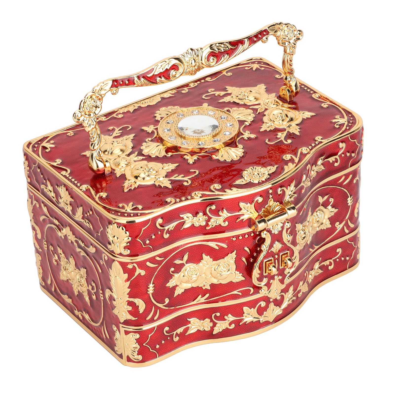 Vintage Trójwarstwowe Pudełko na biżuterię, Emaliowany Organizer na Drobiazgi w Stylu Retro, Organizer Biżuterii z Lustrem, Zamkiem i Kluczem, Idealny do Pierścionków, Kolczyków i