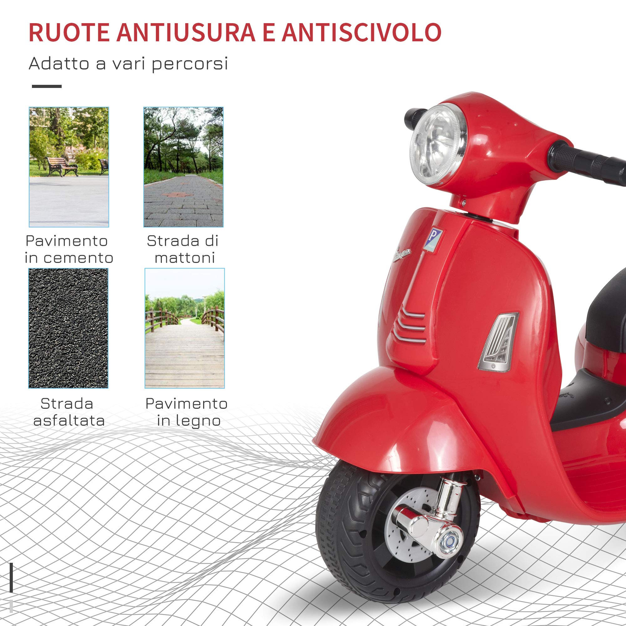 HOMCOM Moto Elettrica per Bambini 6V con Licenza Ufficiale Vespa Batteria, Motorino Elettrico per Bambini da 18-36 Mesi con Fari e Clacson, 66.5x38x52cm, Rosso