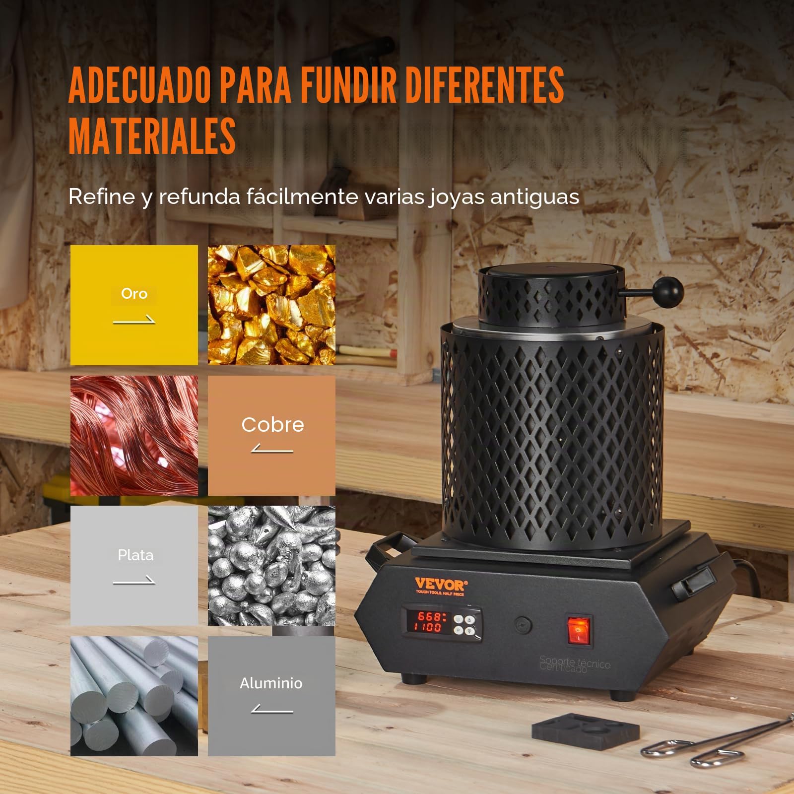 VEVOR Horno de fusión de oro, horno de fusión eléctrico digital de 1350 W, horno de fusión eléctrico de 1150 °C con crisoles de grafito de 1 kg y 3 kg para fundir oro, plata, cobre, aluminio, Negro