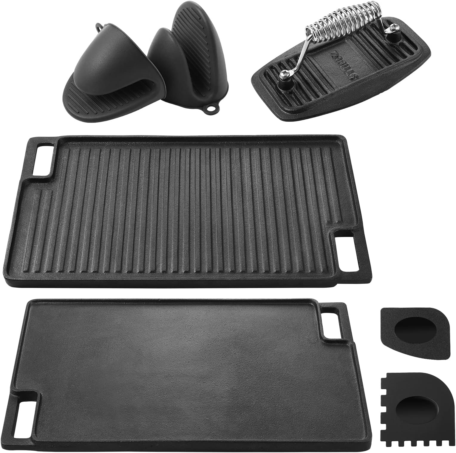 Cast Iron Griddle Pan for Stove Top, HOUSALE Grill Pan with Burger Press | 2 Pan Scrapers | 2 Silicone Gloves, Reversible Griddle Plate for Gas Grill, For Indoor & Outdoor Stove, Gas Safe, 17*11inch
