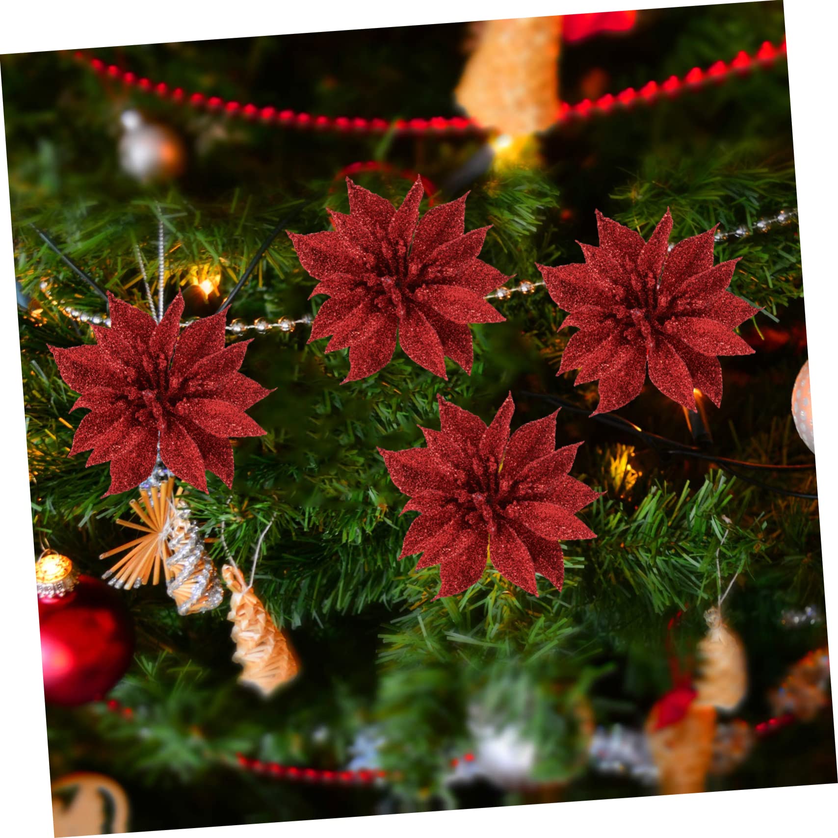 12 Piezas Adorno Colgante de Flores Artificiales para Árbol de Navidad de Poinsettias con Brillo Decoración Festiva para Hogar