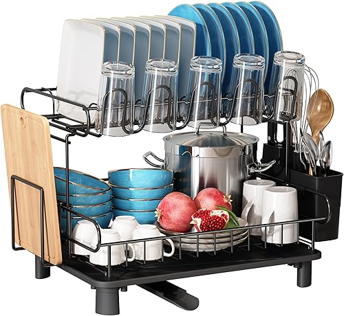 BOOSINY Escurridor de platos, escurridor de platos para encimera de cocina, escurridor de platos de acero inoxidable de 2 niveles con juego de