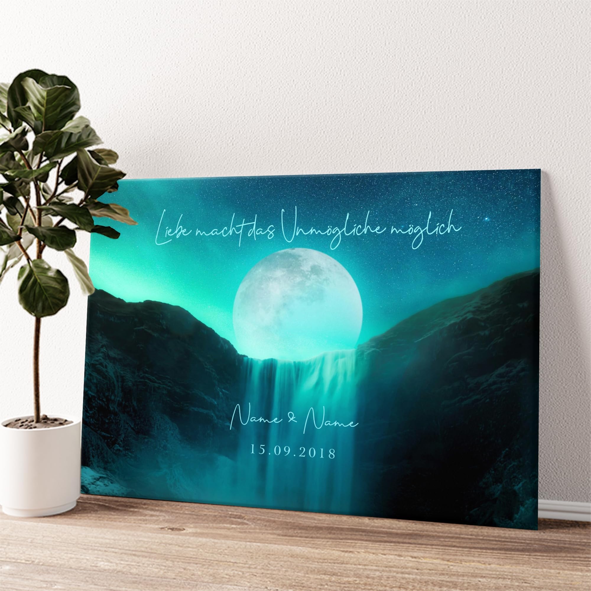Liebesleinwand Leinwand personalisiert Mond der Liebe | Geschenk für sie oder ihn zum Jahrestag, Verlobung, Hochzeitstag | Leinwandbild gestalten mit Namen und Datum