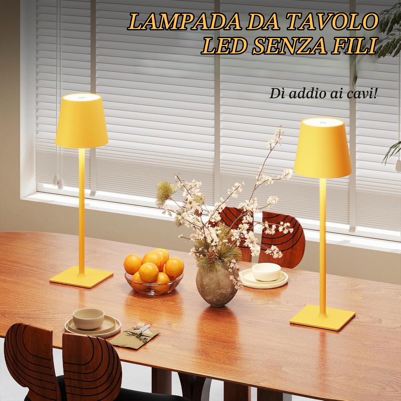 2 lampade da tavolo senza fili | Batteria da 5000 mAh, regolazione continua dell'intensità luminosa a 3 colori, LED ricaricabile per uso interno/esterno in uffici, bar e hotel (Giallo)