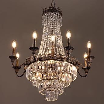 TOCHIC Crystal Chandelier for Dining Room, 30.4" D Vintage French Empire Chandelier for Living Room Farmhouse Chandeliers Ceiling Light for Bedroom, Antique Bronze Pendant Light Fixture for Kitchen