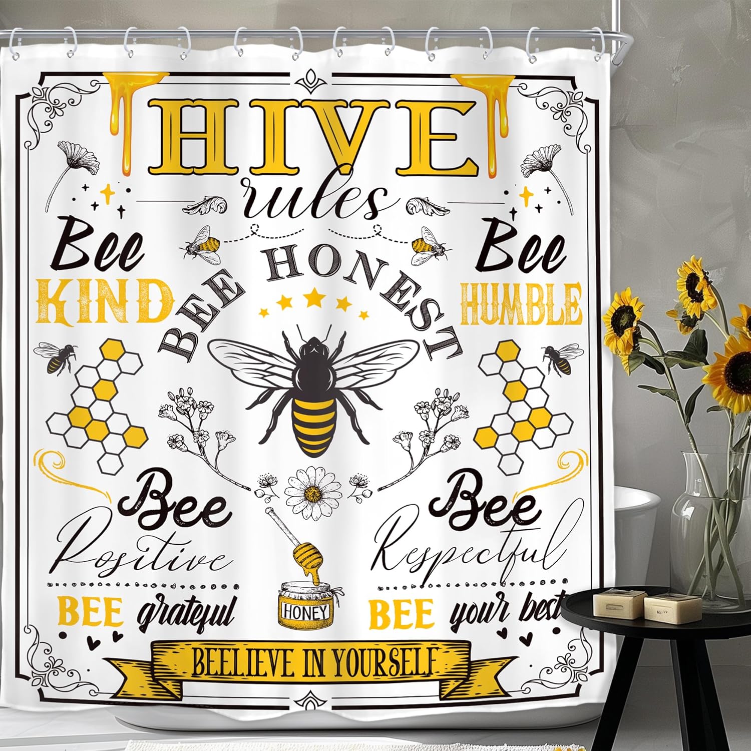 Homewelle Black Yellow Bee Quotes Shower Curtain Vintage Rustic Inspirational Motivational Words Retro Floral Flower Plant Honeycomb 72Wx72H Inch Farmhouse Waterproof Polyester Fabric Bathroom Bathtub