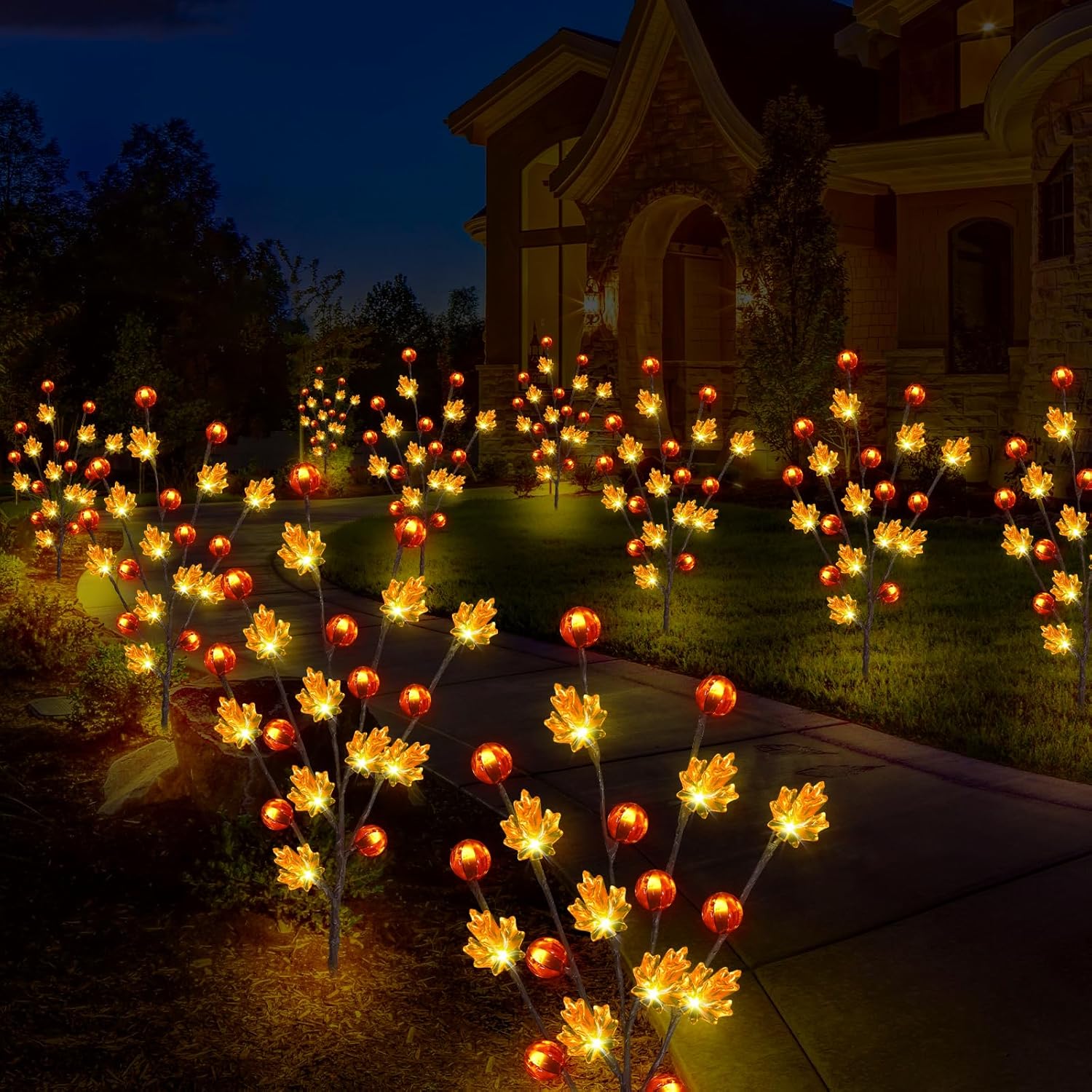 Fall Decor Solar Garden Lights Outdoor for Thanksgiving Decorations,4PACK 80LED Pumpkin Maple Leaf Tree with Friendsgiving Gifts,Solar Fall Decor Lights for Home/Garland/Thanksgiving Day - Image 2