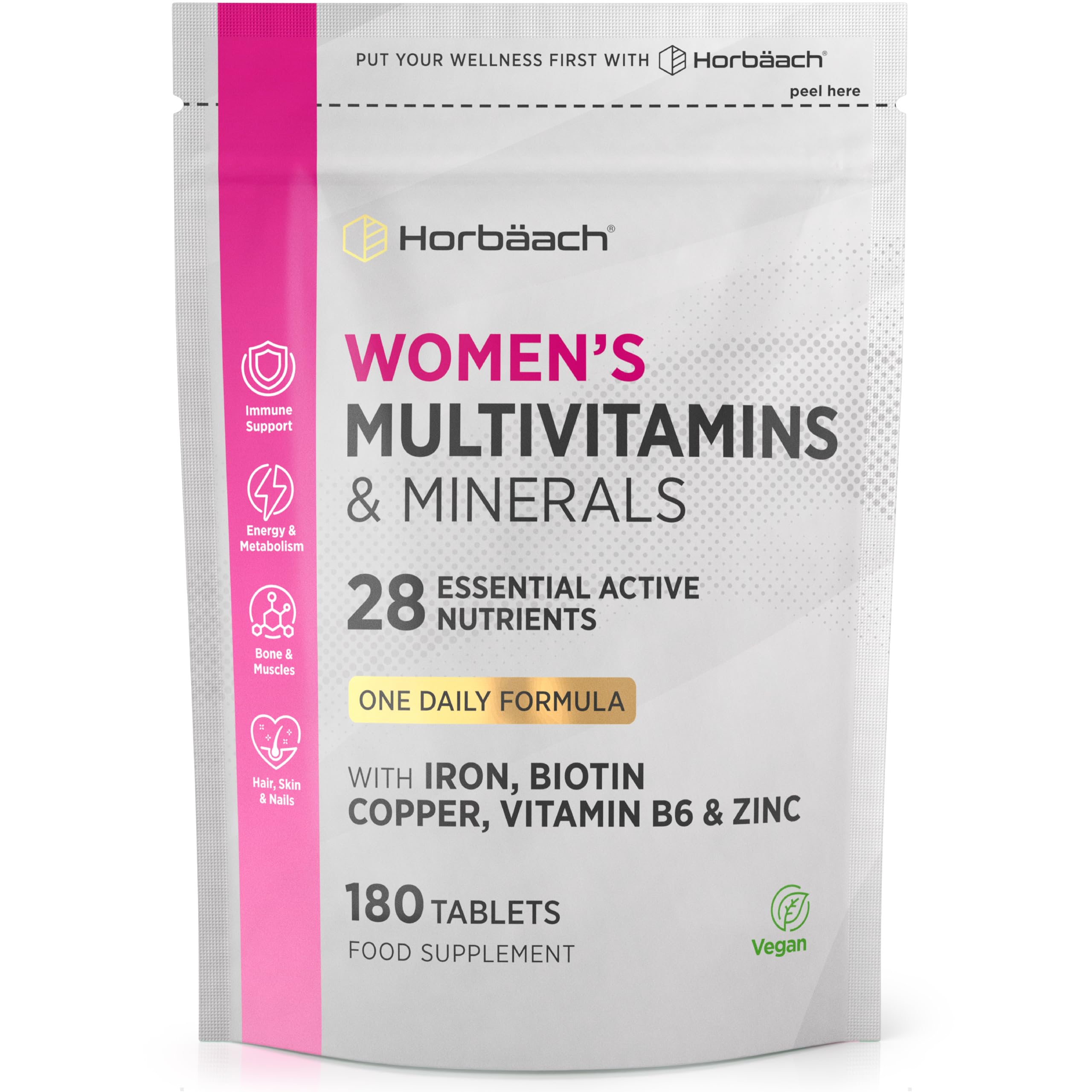 Womens Multivitamins and Minerals | 28 Essential Active Nutrients with Iron, Biotin, Copper, Vitamin B6, Zinc & More | 180 Vegan Tablets - 6 Month Supply | by Horbaach