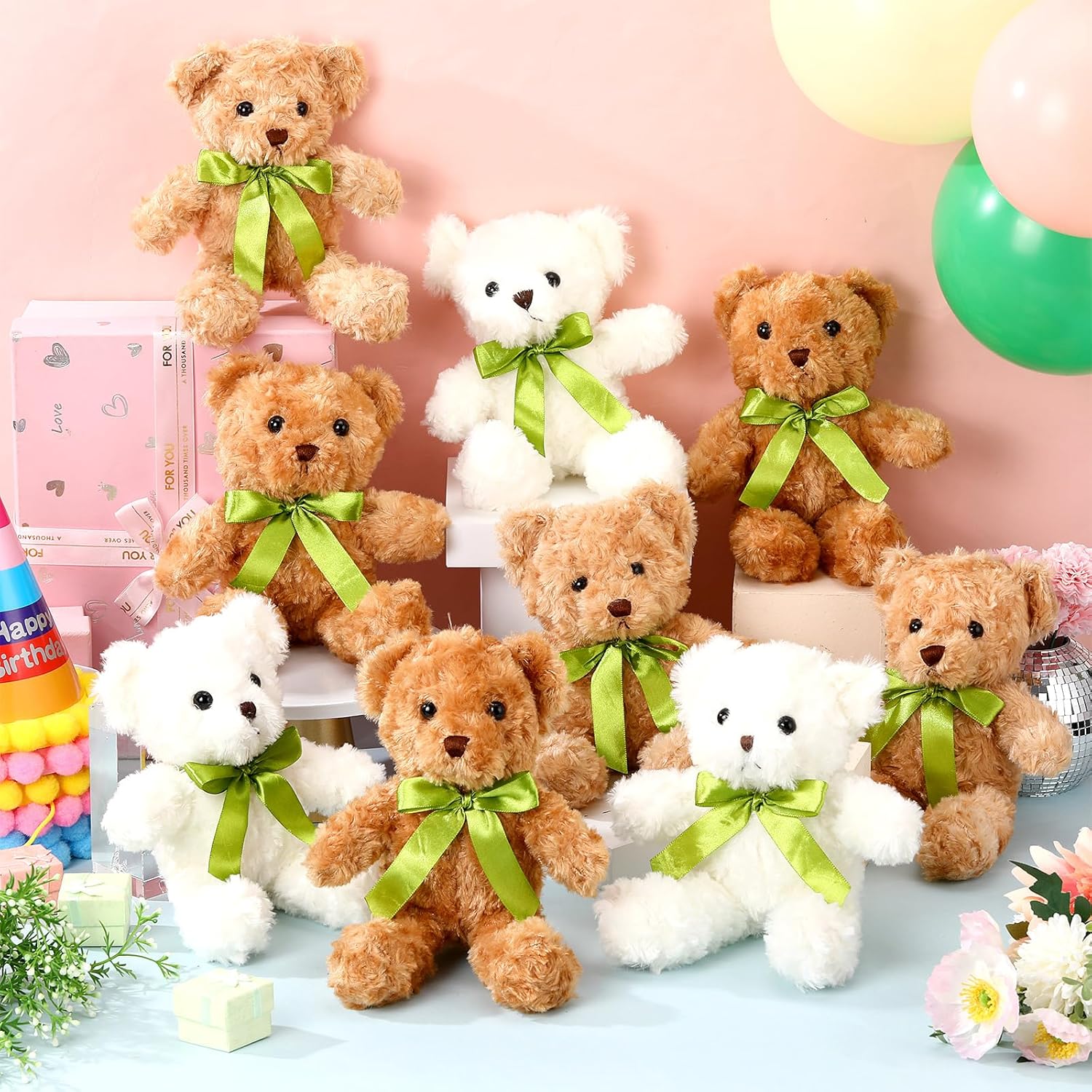 Hungdao 18 Pcs Stuffed Bears Bulk Gifts for Kids Boy Girl 10 Inch Cute Soft Plush Bear Stuffed Animals with Green Bow for Baby Shower Birthday Party(White, Dark Brown, Light Brown) - Image 4