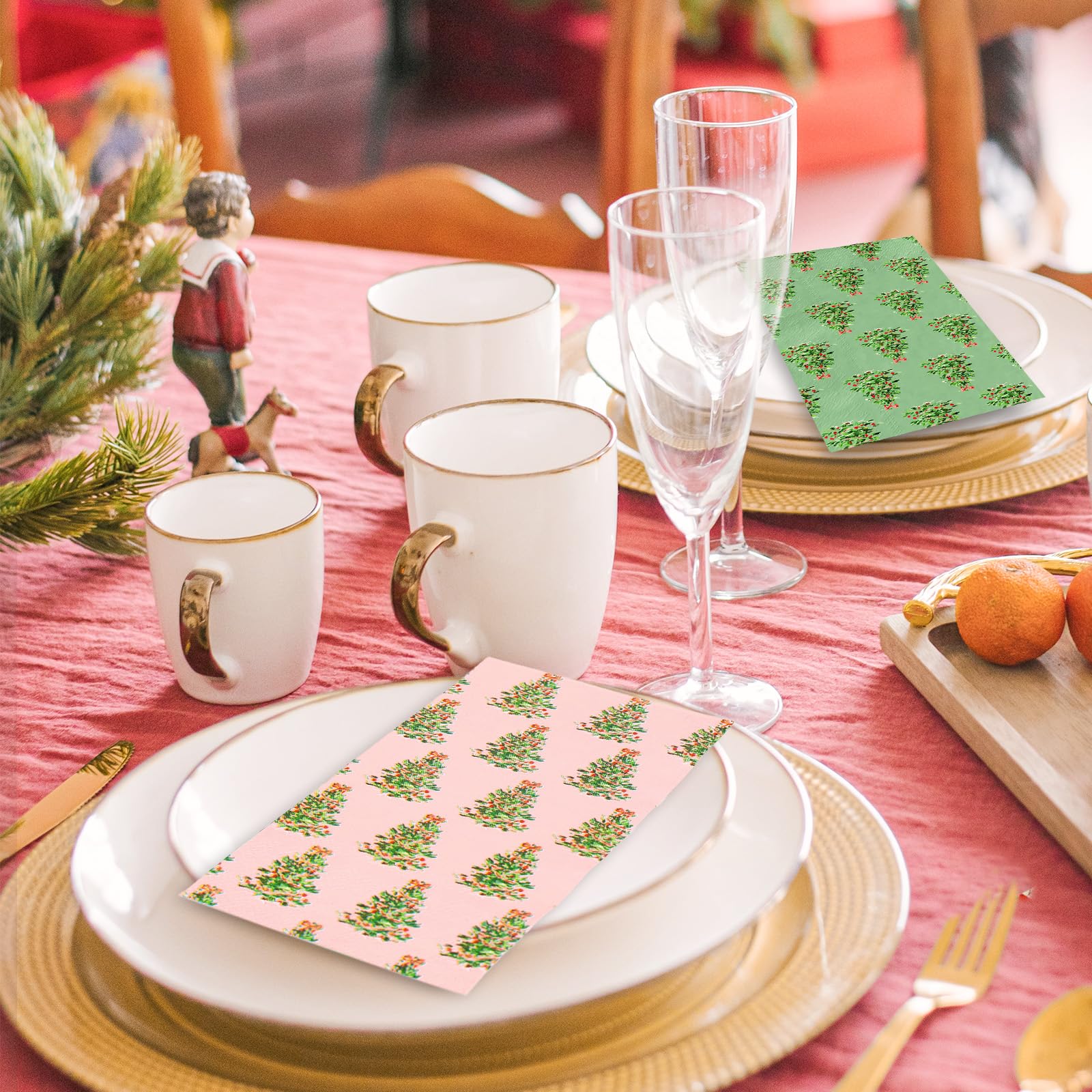 JarThenaAMCS 100 tovaglioli di carta per ospiti di Natale, colore rosa, verde, con albero di Natale, usa e getta, per la cena, per il bagno, le vacanze, le feste, la tavola