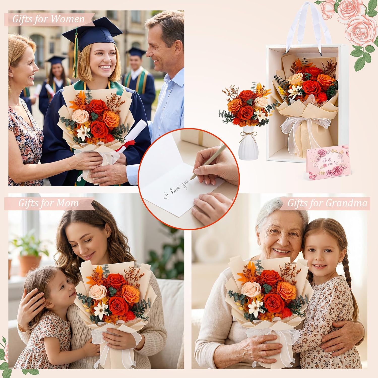 Flowers for Delivery Prime Preserved Real Roses Flowers Bouquet, Orange