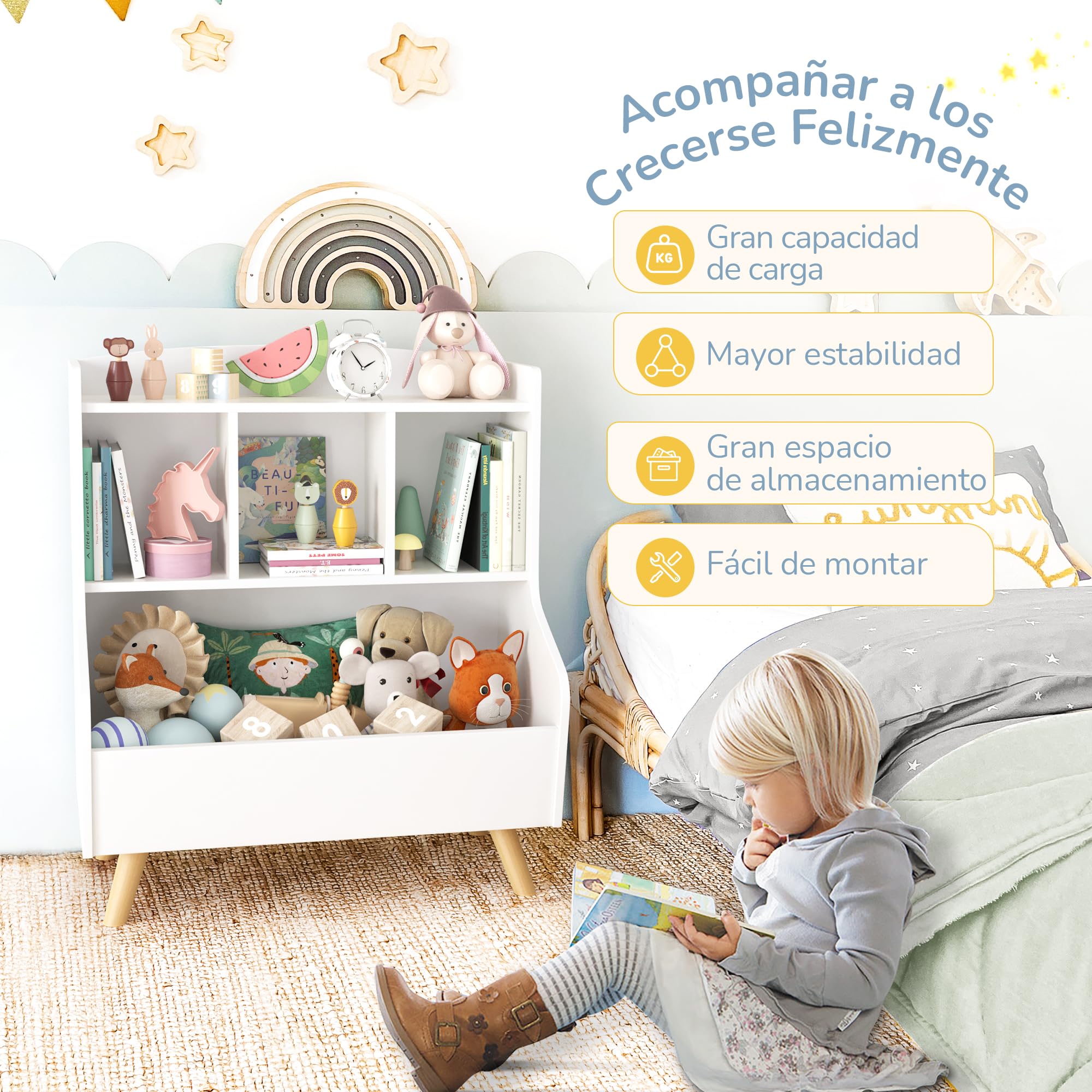 LUE BONA Estanteria Montessori con 3 Abiertos Compartimentos,Librería Infantil,Caja de Juguetes Móvil Multifuncional para Habitación de los Niños y Sala de Juegos,36 × 61 × 71 cm,Blanco