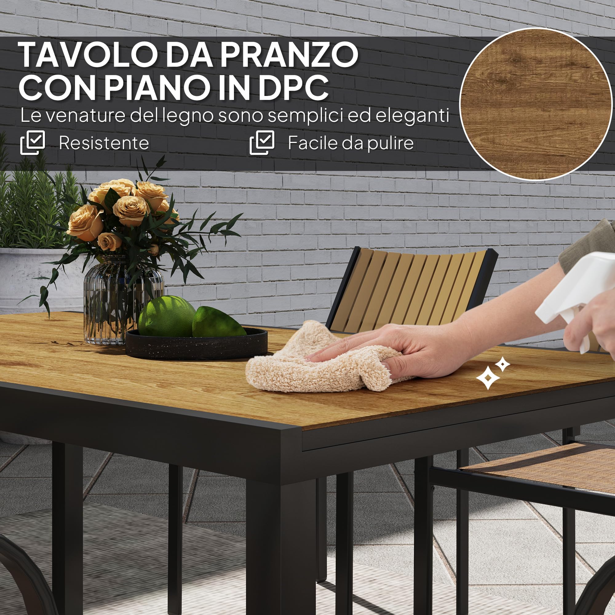 Outsunny Set Tavolo da Giardino Allungabile 7 Pezzi con Sedie Impilabili, Acciaio e Textilene, Marrone