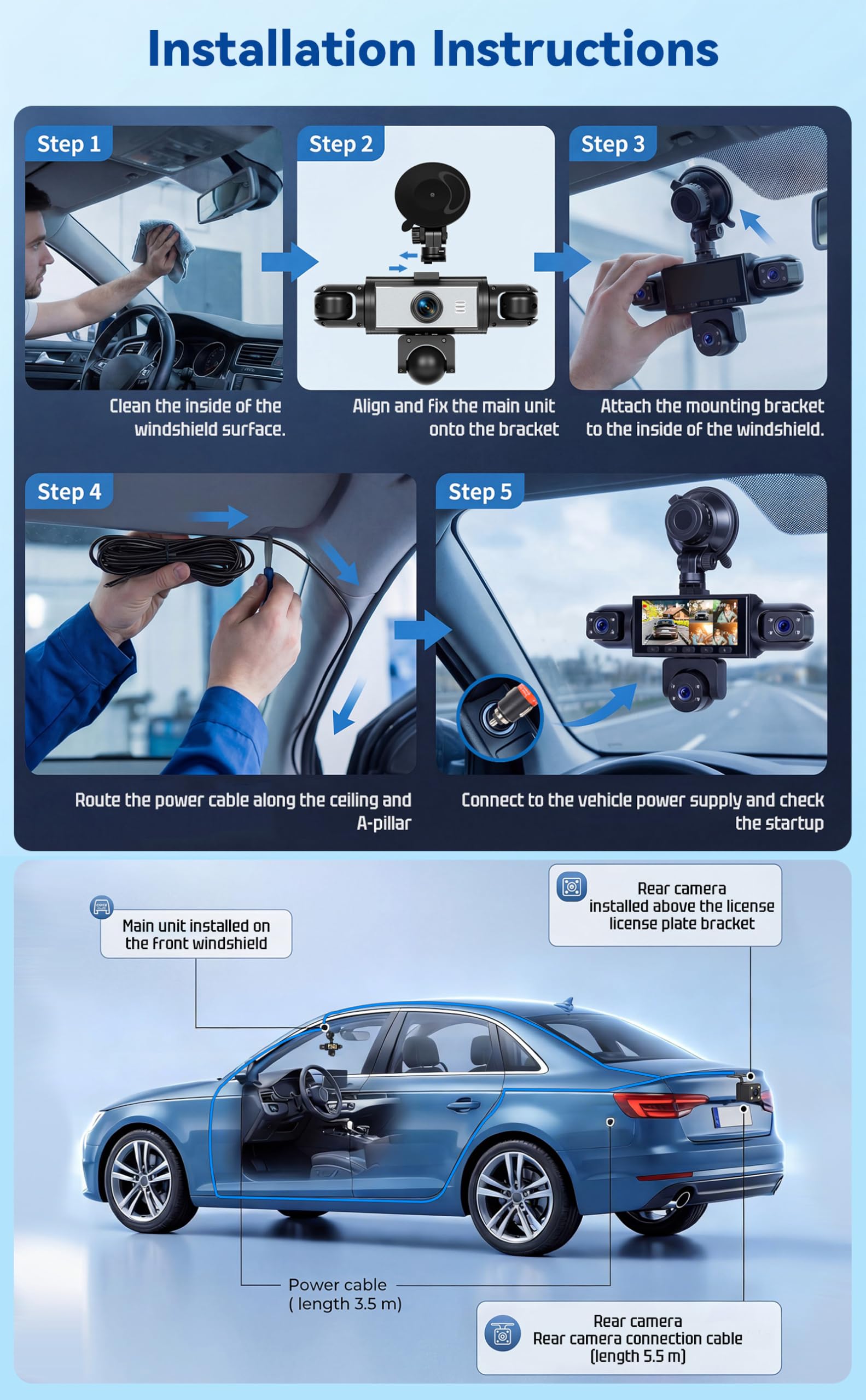 SIXTOP Dashcam con Display IPS da 3,16", 5 Telecamere, 1080P Full HD, Visione Notturna, 360°, Grandangolo 150°, Registrazione in Loop
