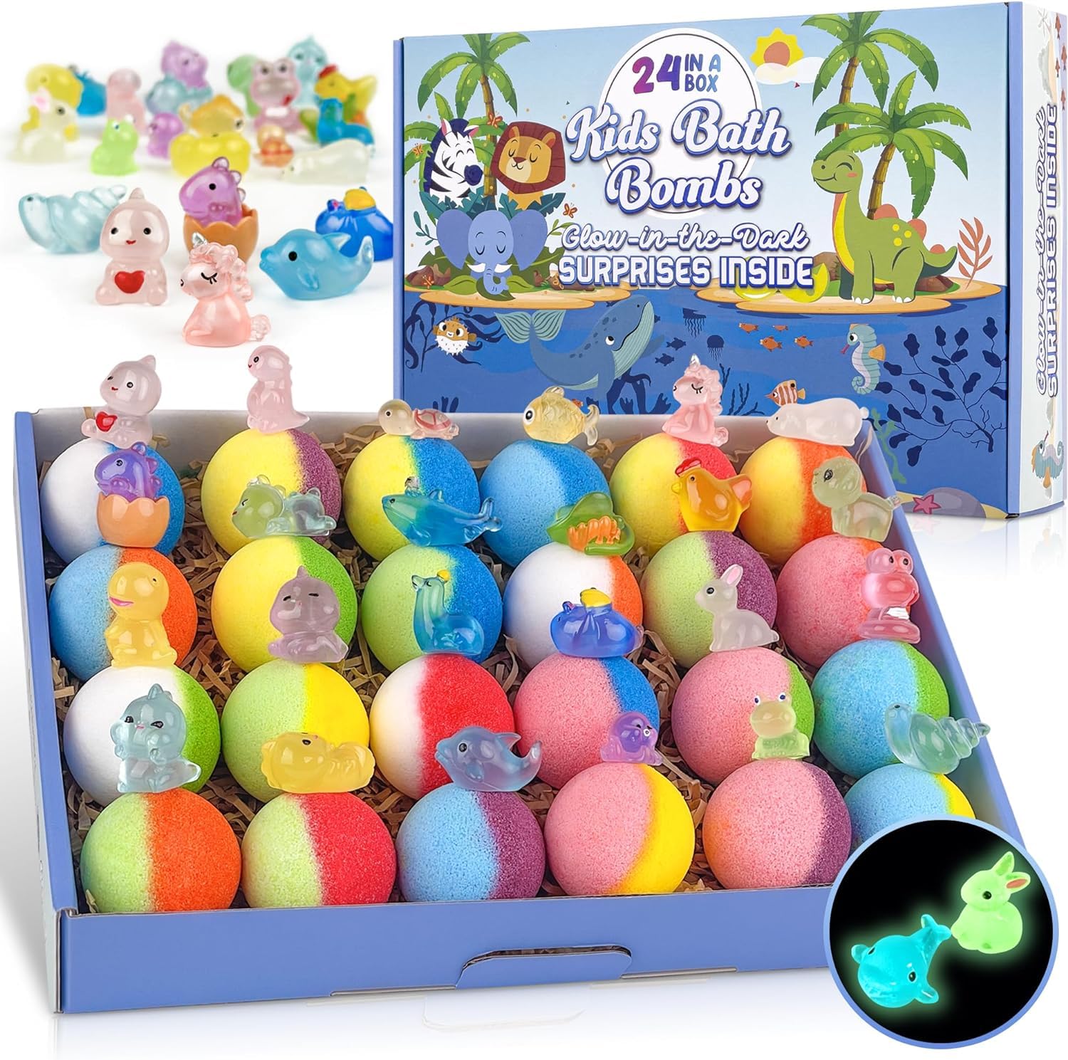 Bombes de bain pour enfants, 24 bombes de bain avec surprise phosphorescente à l'intérieur, bain moussant coloré naturel et biologique pour enfants, cadeau parfait pour garçons et filles