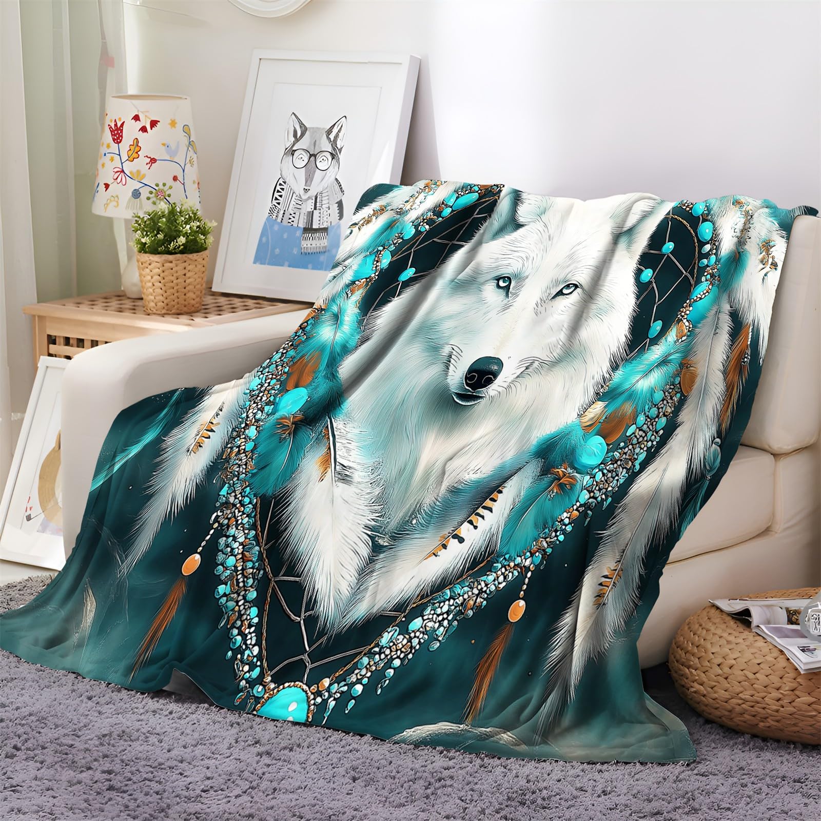 Couverture en Polaire Loup Flanelle Chaude 150x200cm Anti-Frissons pour Lit et Salon
