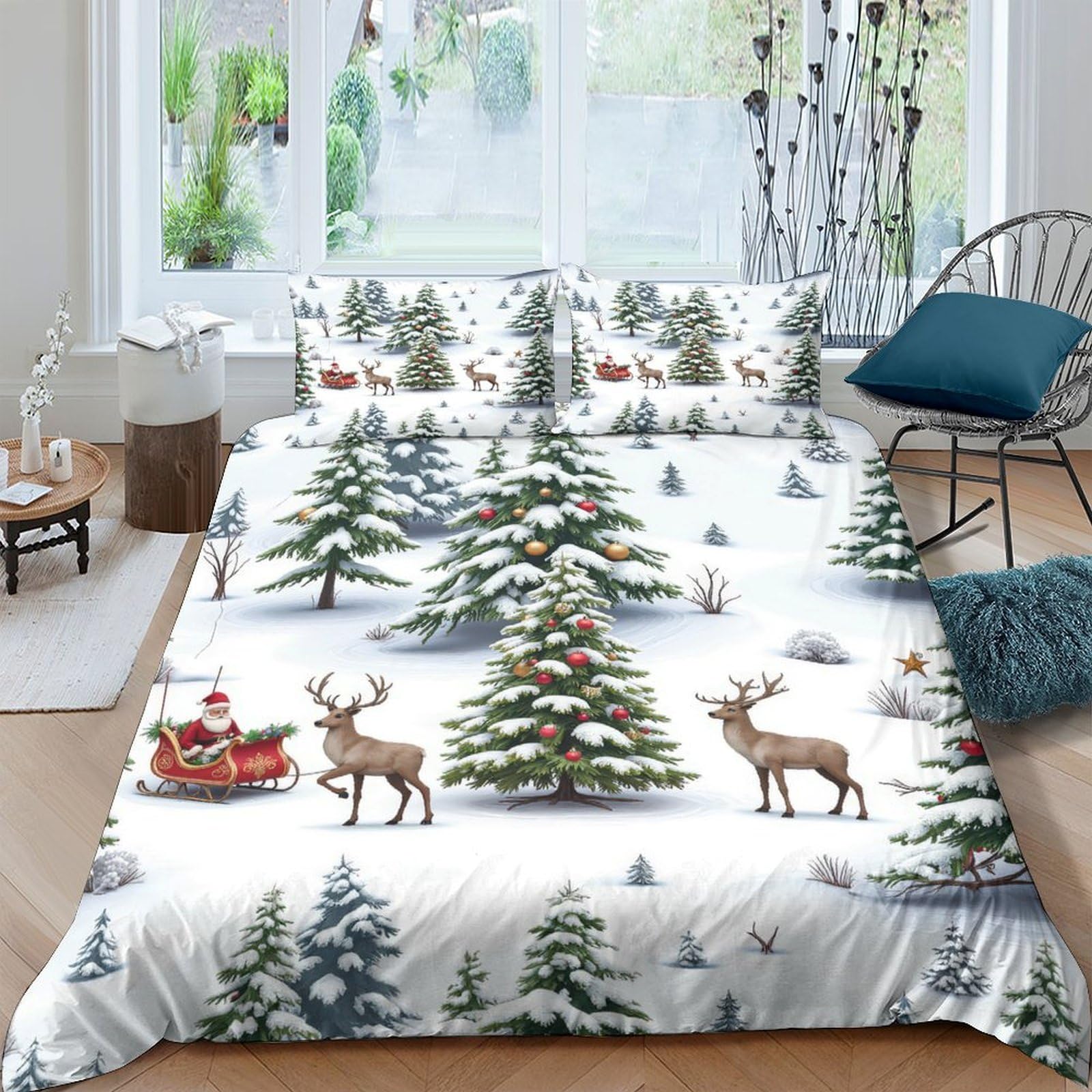 Ctjqhvkz Style-10 3D Printed Winter Forest Fitted Sheet Microfiber Soft Santa Sleigh Mattress Cover For Bedroom Dorm All Season Decor Single（135X200cm）