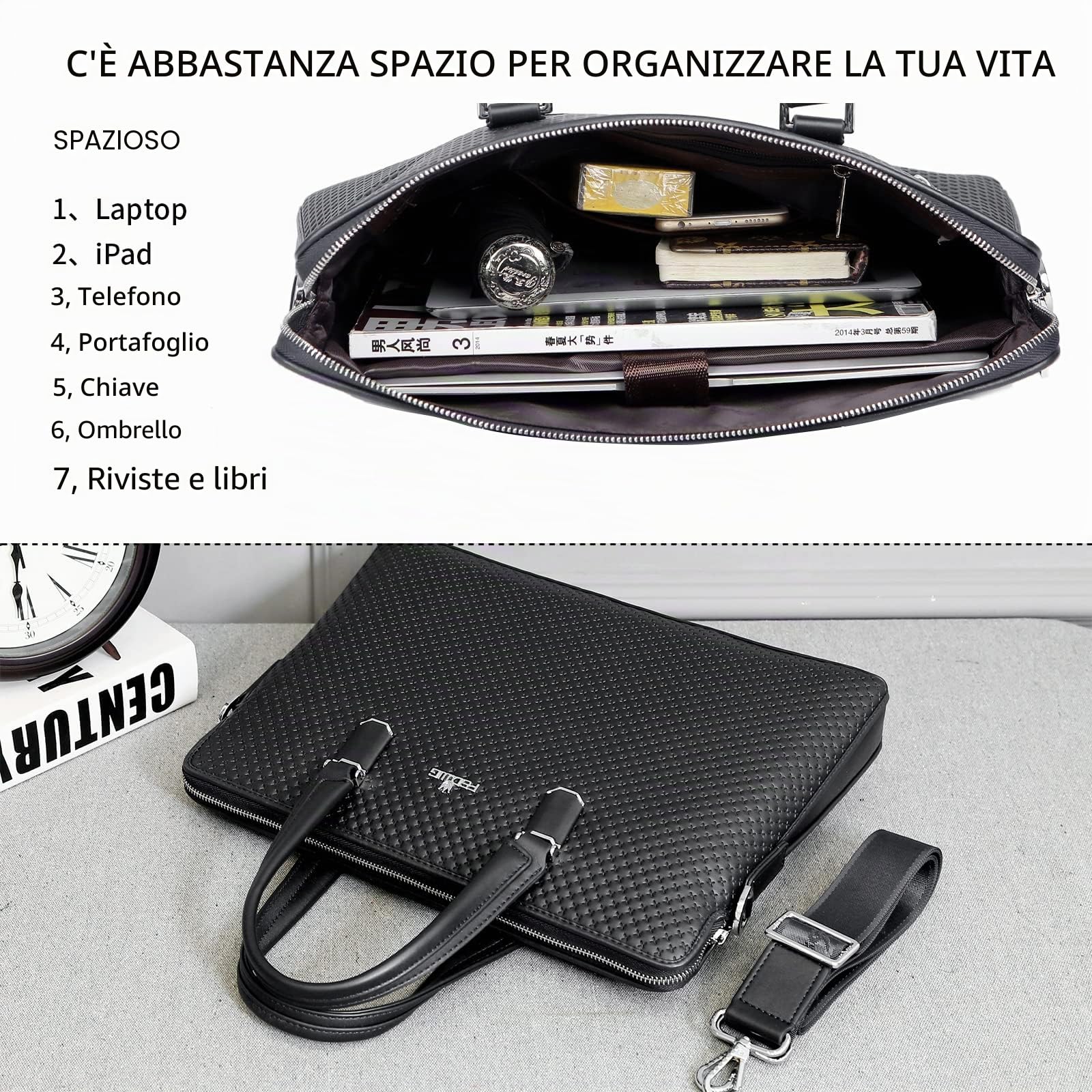 FSD.WGBusiness Bag Borsa in pelle Borsa da Affari per Computer Portatile Borsa da Uomo nero Large