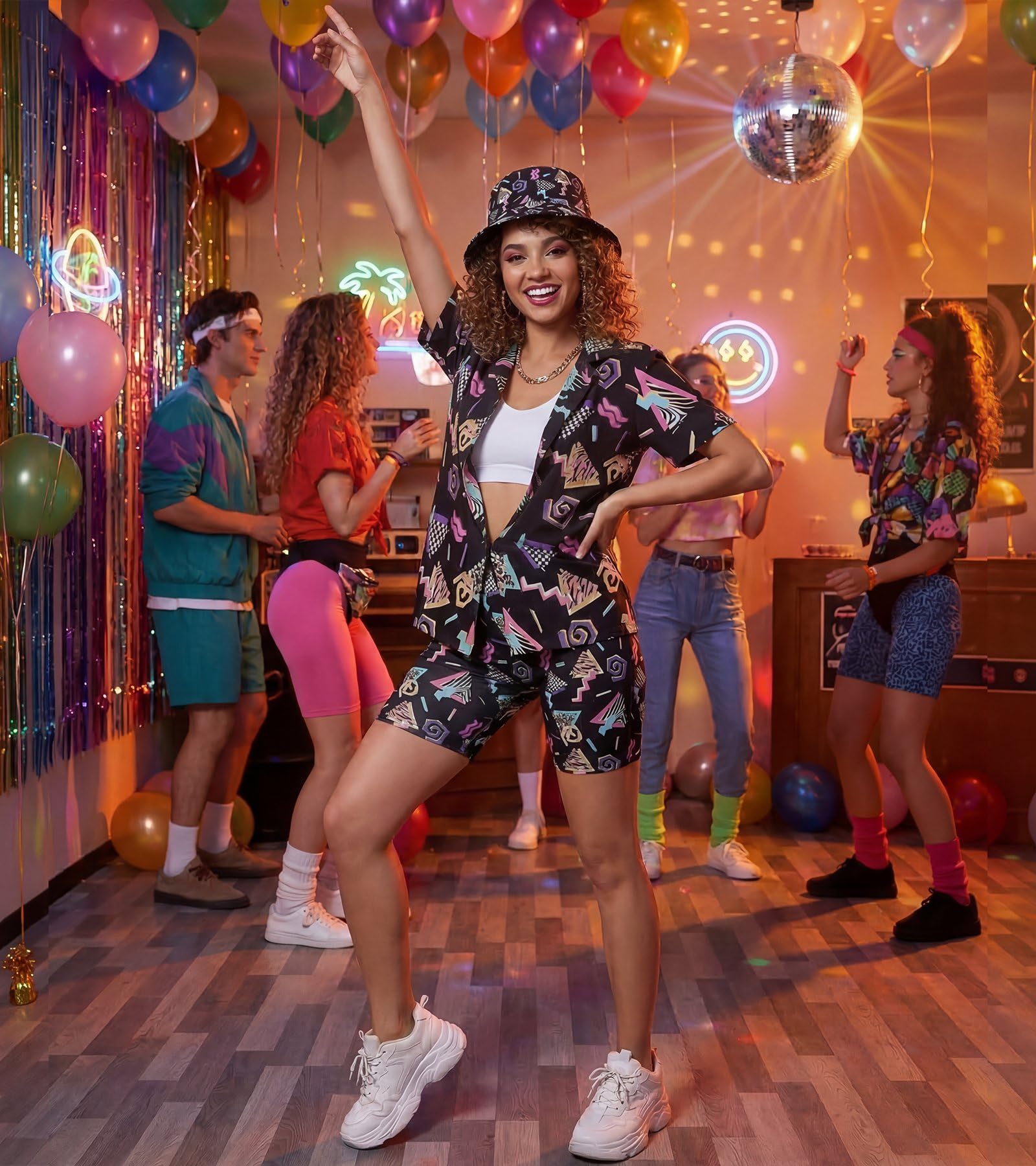 Abito da donna anni '80 e '90, stile retrò, per feste, discoteca, hip hop, abbottonatura, top hawaiano, maniche corte, 6 pezzi