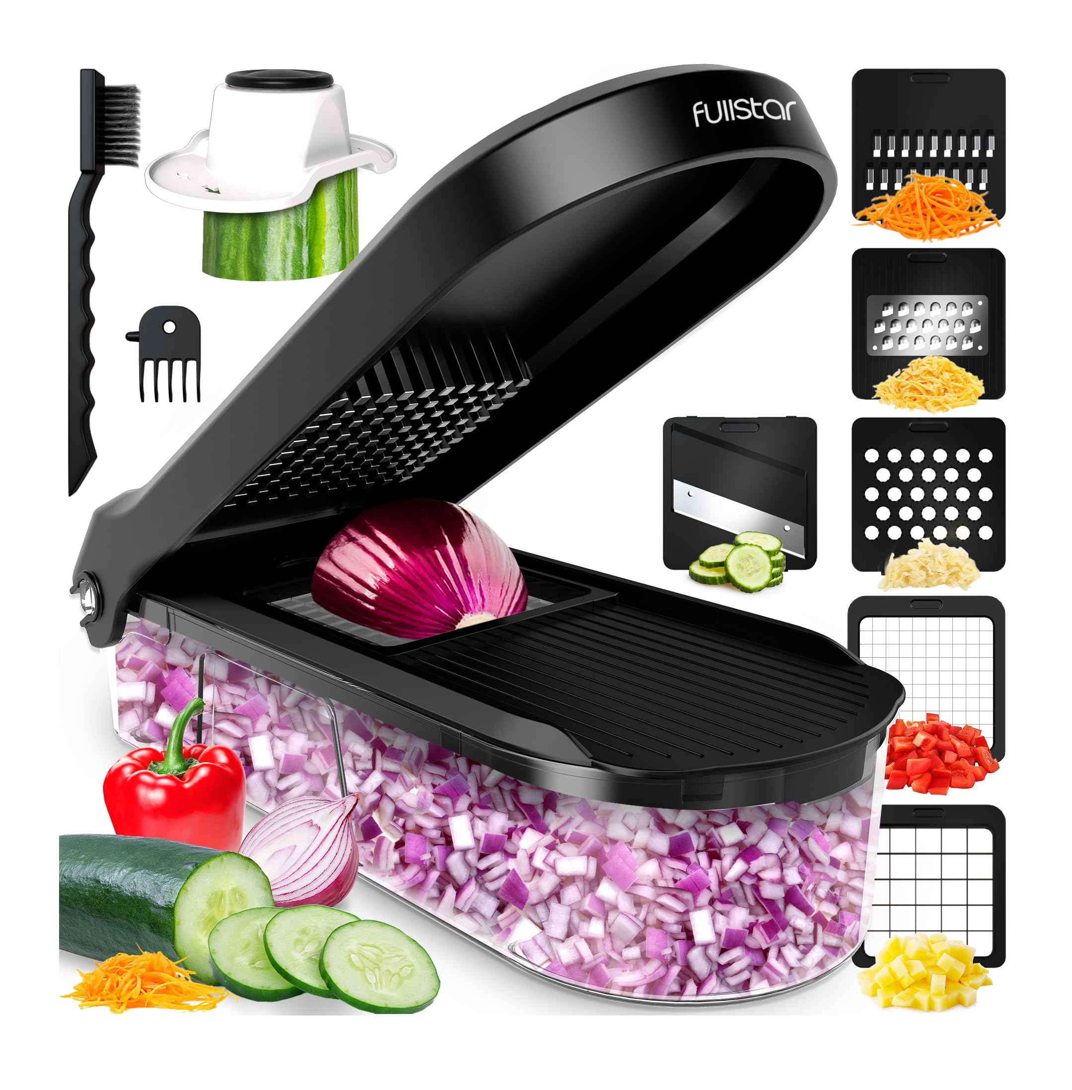Fullstar Gemüseschneider und Mandoline Gemüsehobel - Julienne- und Würfelschneider für Gurken Zwiebeln Kartoffeln Früchte - Reibe für Gemüse Käse - Küchenzubehör Küchengeräte (6-in-1 Kompakt Schwarz)