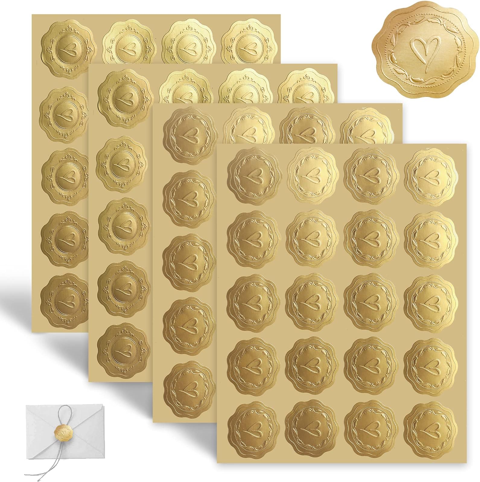 Gold Embossed Envelope Seal Stickers,Seal Stamp Stickers, Self-Adhesive Envelope Sticker for Wedding Party Invitations, Greeting Cards, DIY Decoration (Heart Pattern)